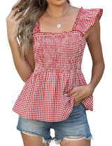 LOMON Womens Tank Tops Fashion Summer Ruffle Flying Sleeve Smocked Blouses Square Neck Sleeveless Shirts Babydoll Shirt