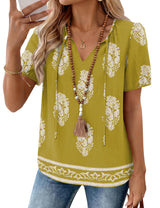 LOMON Boho Tops for Women Summer V-Neck Tie Front Peasant Blouses Casual Puff Sleeve Loose-Fit Flowy Shirts Beach Vacation