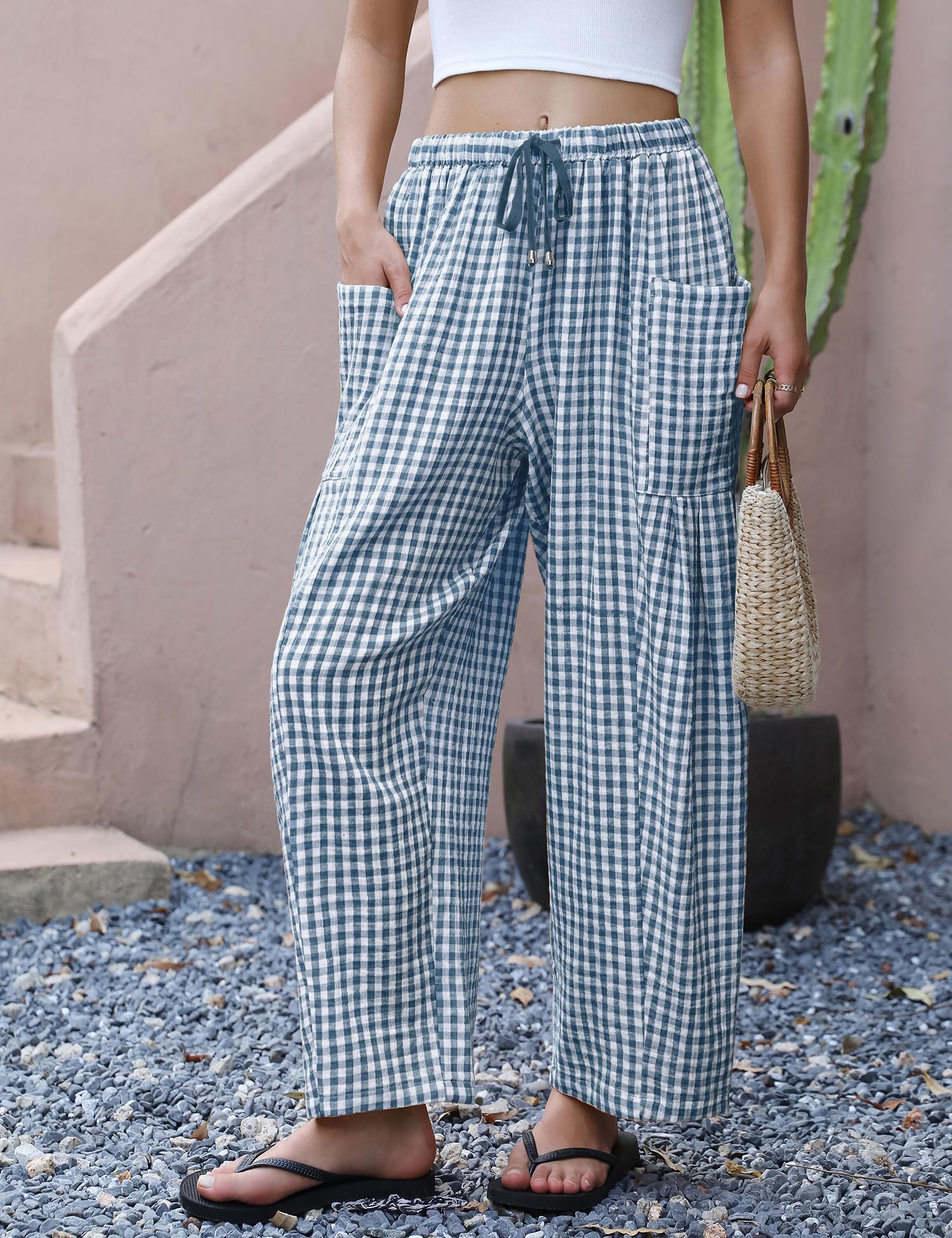LOMON Womens Wide Leg Linen Pants Casual Drawstring Palazzo Harem Pants Summer Loose Beach Travel Vacation Pants with Pockets