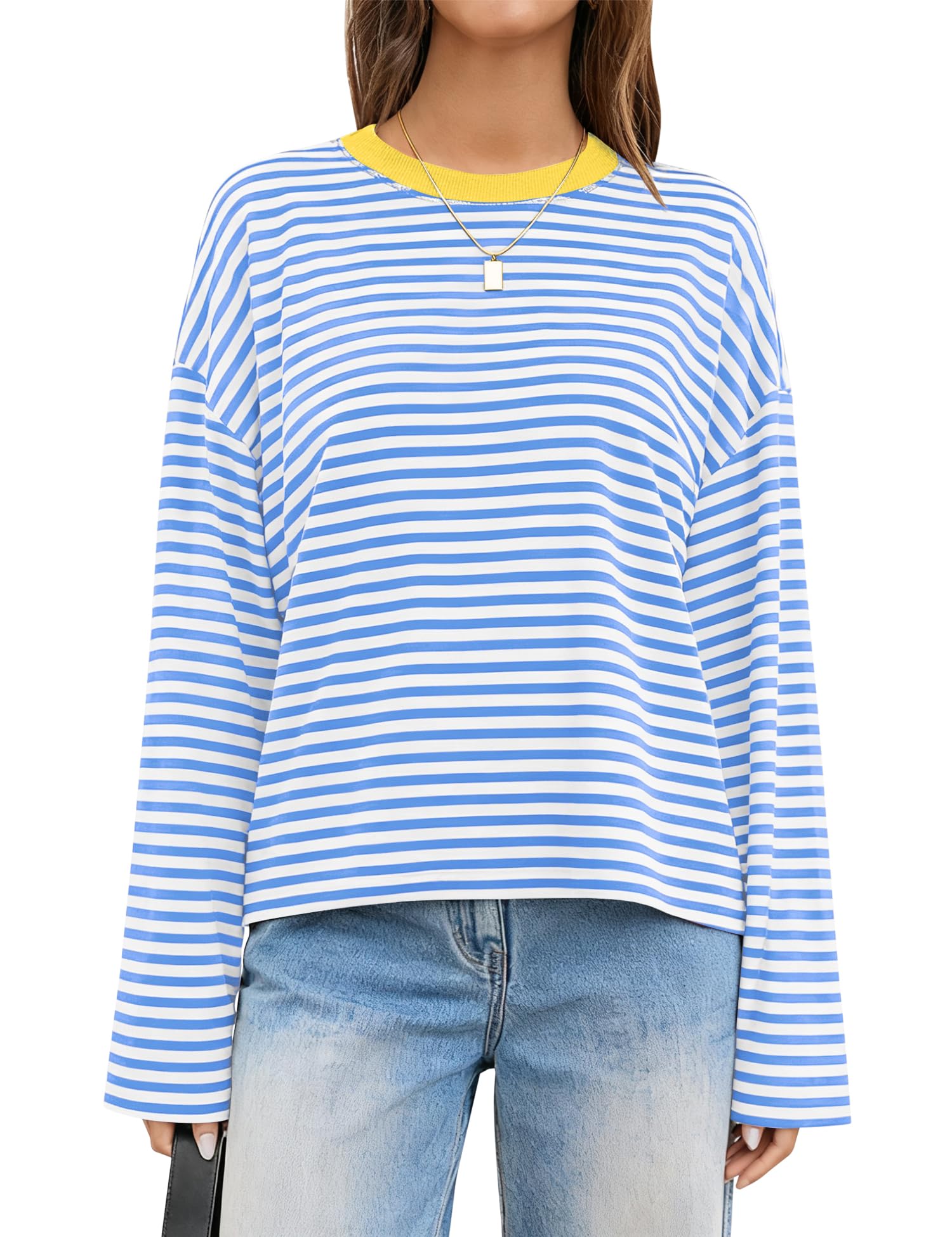 LOMON Striped Long Sleeve Shirt Women Y2k Oversized Crewneck Fall Spring Drop Shoulder Vintage Tops Teen Girl Clothes
