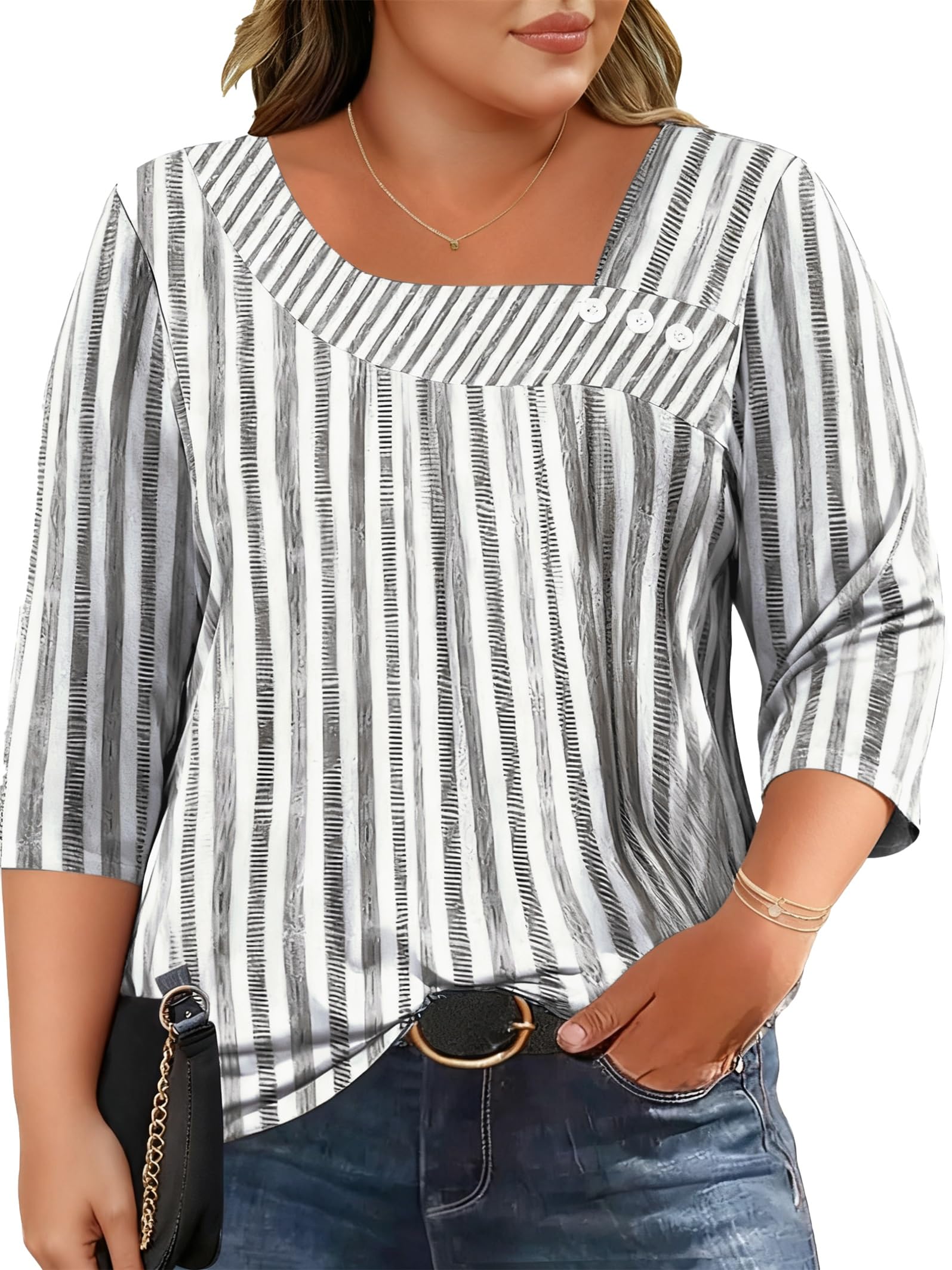 LOMON Womens Plus Size Tops 3/4 Length Sleeve T Shirts Asymmetrical Neck Blouses for Women Fashion 2026