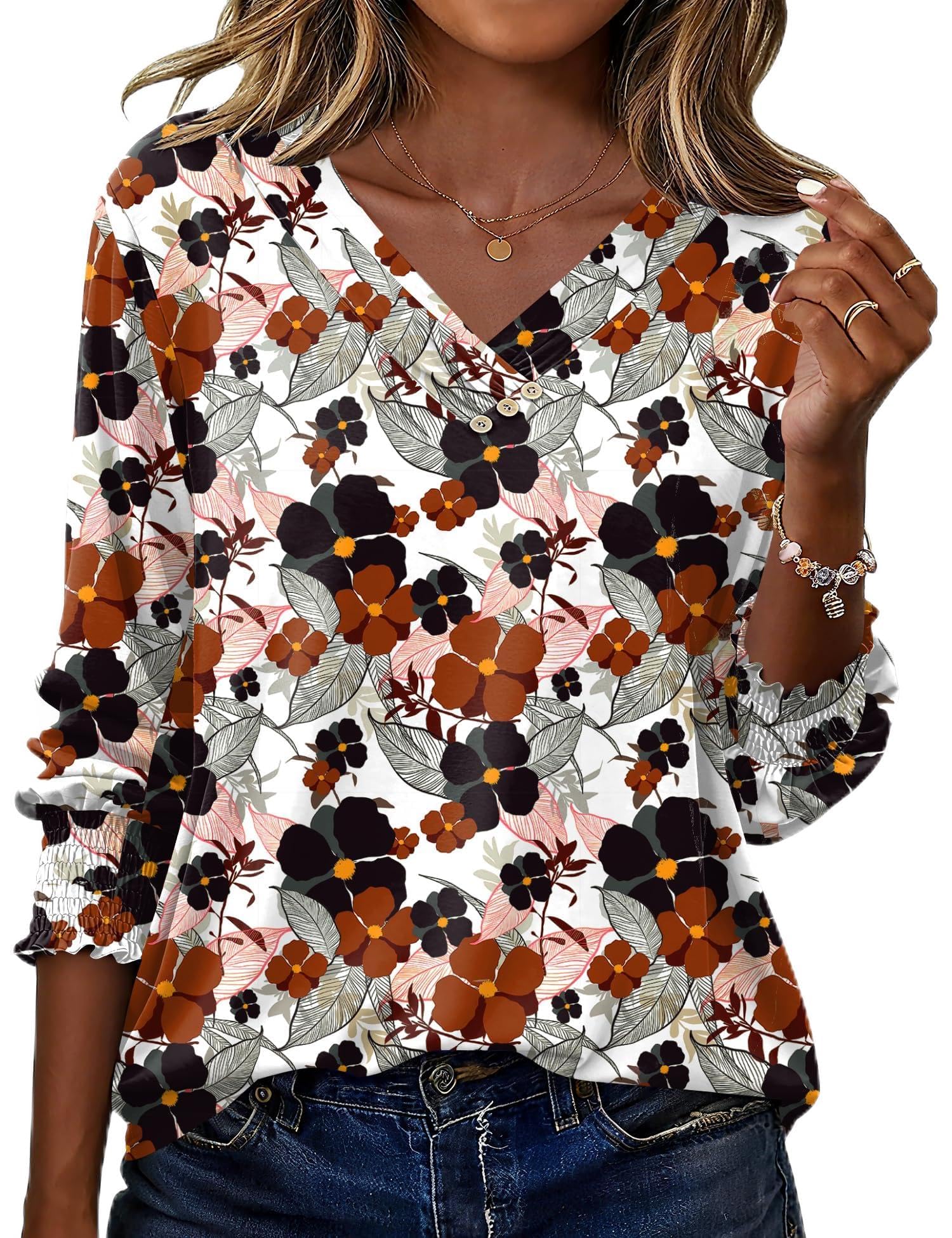 LOMON Blouses for Women Dressy Casual 3/4 Length Sleeve Womens Tops with Buttons Decor