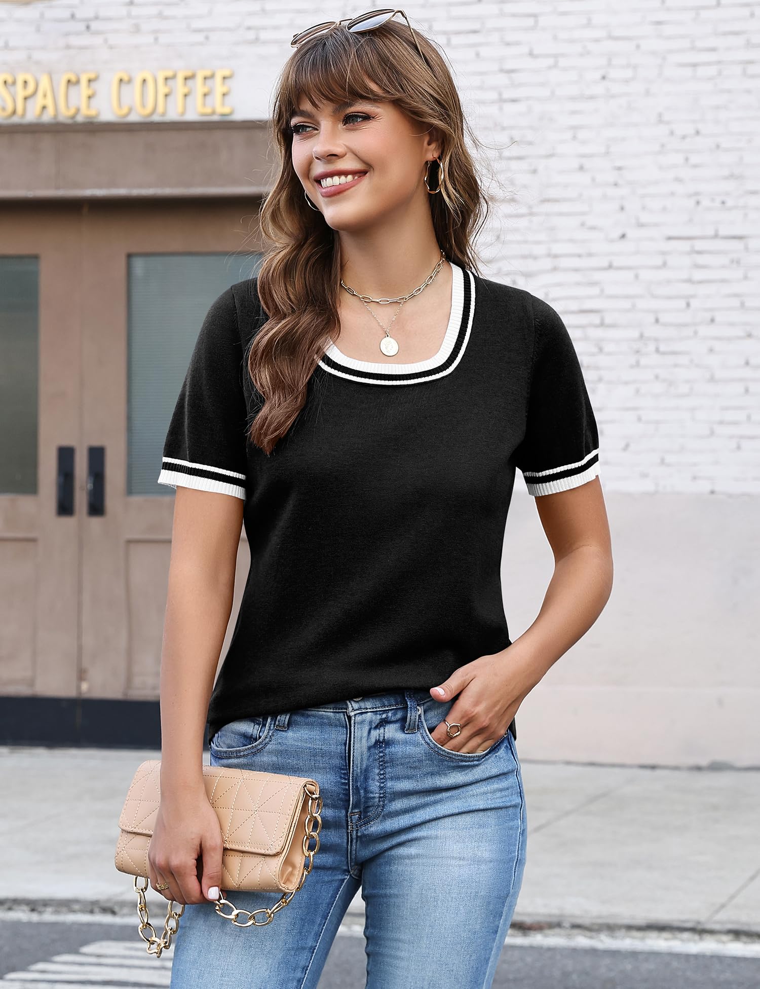 LOMON Womens Short Sleeve Sweater Spring Square Neck Knit Tops Summer Fahshion Business Casual Tops