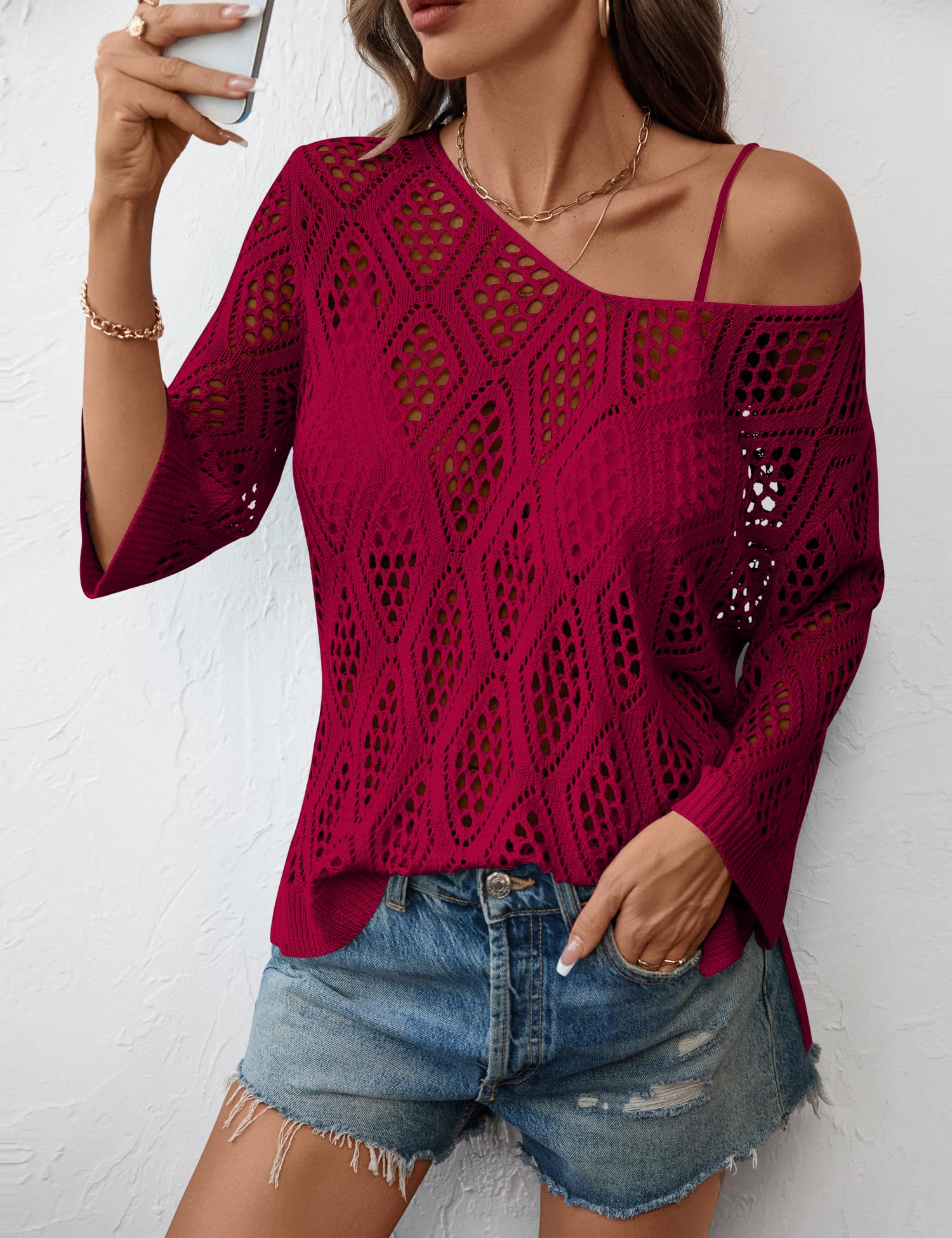 LOMON Womens 3/4 Sleeve Crochet Tops Off Shoulder Hollow Out Sweater V Neck Casual Loose Fit Beach Cover Up
