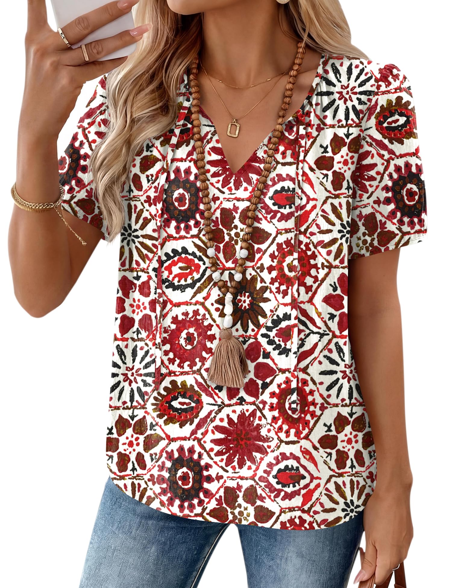 LOMON Boho Tops for Women Summer V-Neck Tie Front Peasant Blouses Casual Puff Sleeve Loose-Fit Flowy Shirts Beach Vacation