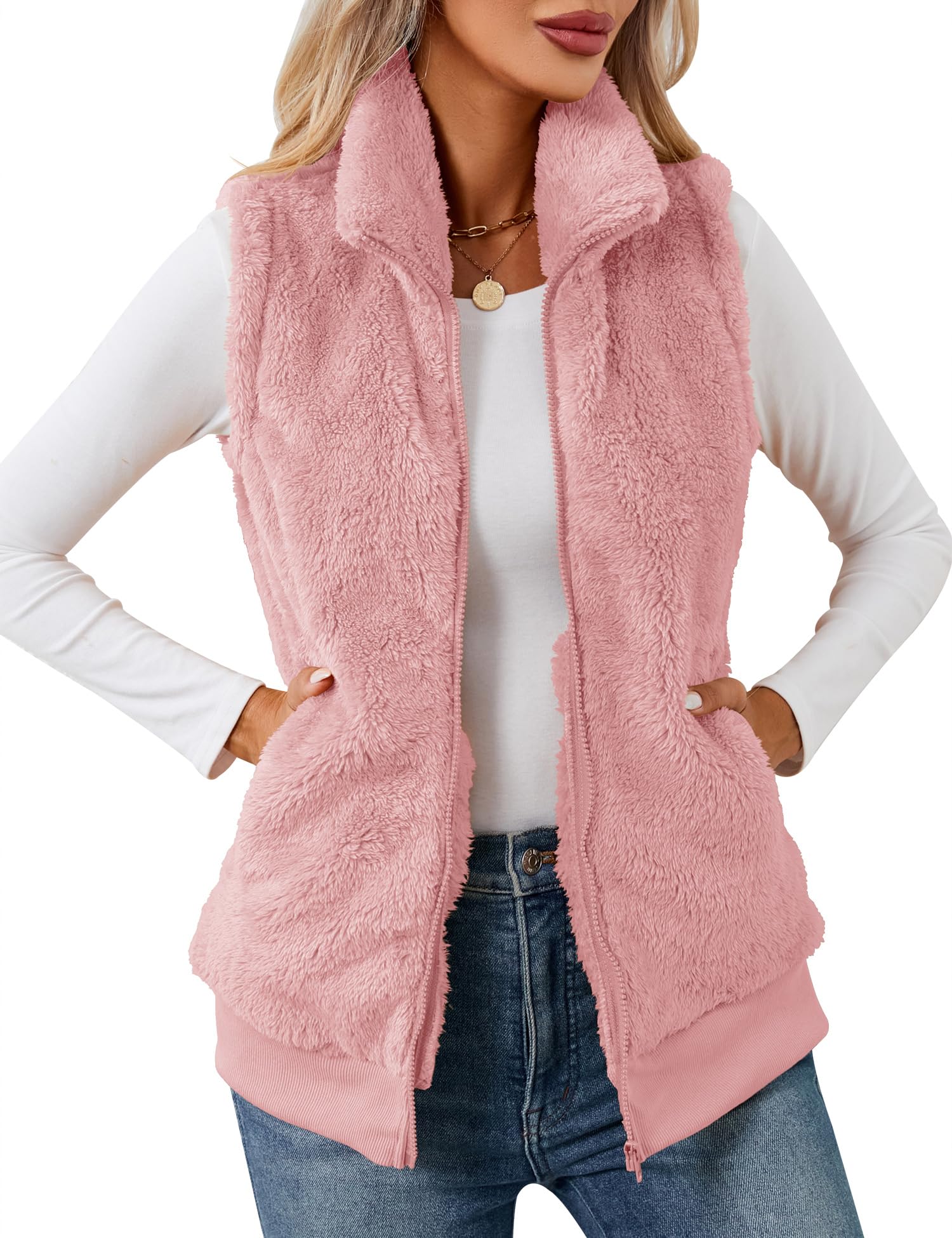 LOMON Womens Fuzzy Fleece Vest, Casual Warm Sleeveless Zip Up Sherpa Vest Jacket with Pockets for Fall/Winter