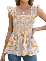 LOMON Womens Tank Tops Fashion Summer Ruffle Flying Sleeve Smocked Blouses Square Neck Sleeveless Shirts Babydoll Shirt