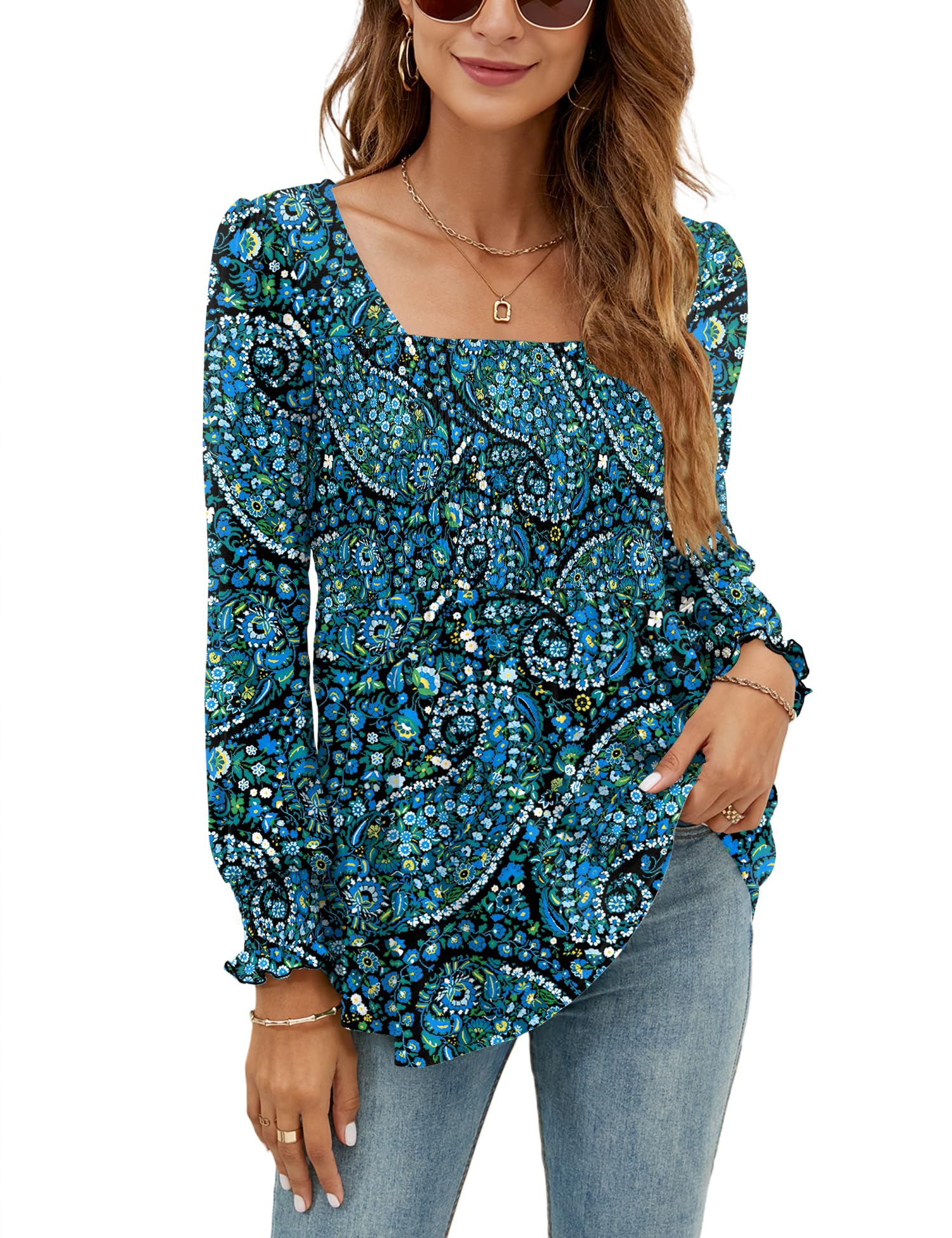 LOMON Blouses for Women Puff Long Sleeve Shirts Square Neck Casual Smocked Tunic Tops 2024 Spring Fall Winter Clothes S-XL