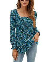 LOMON Blouses for Women Puff Long Sleeve Shirts Square Neck Casual Smocked Tunic Tops 2024 Spring Fall Winter Clothes S-XL