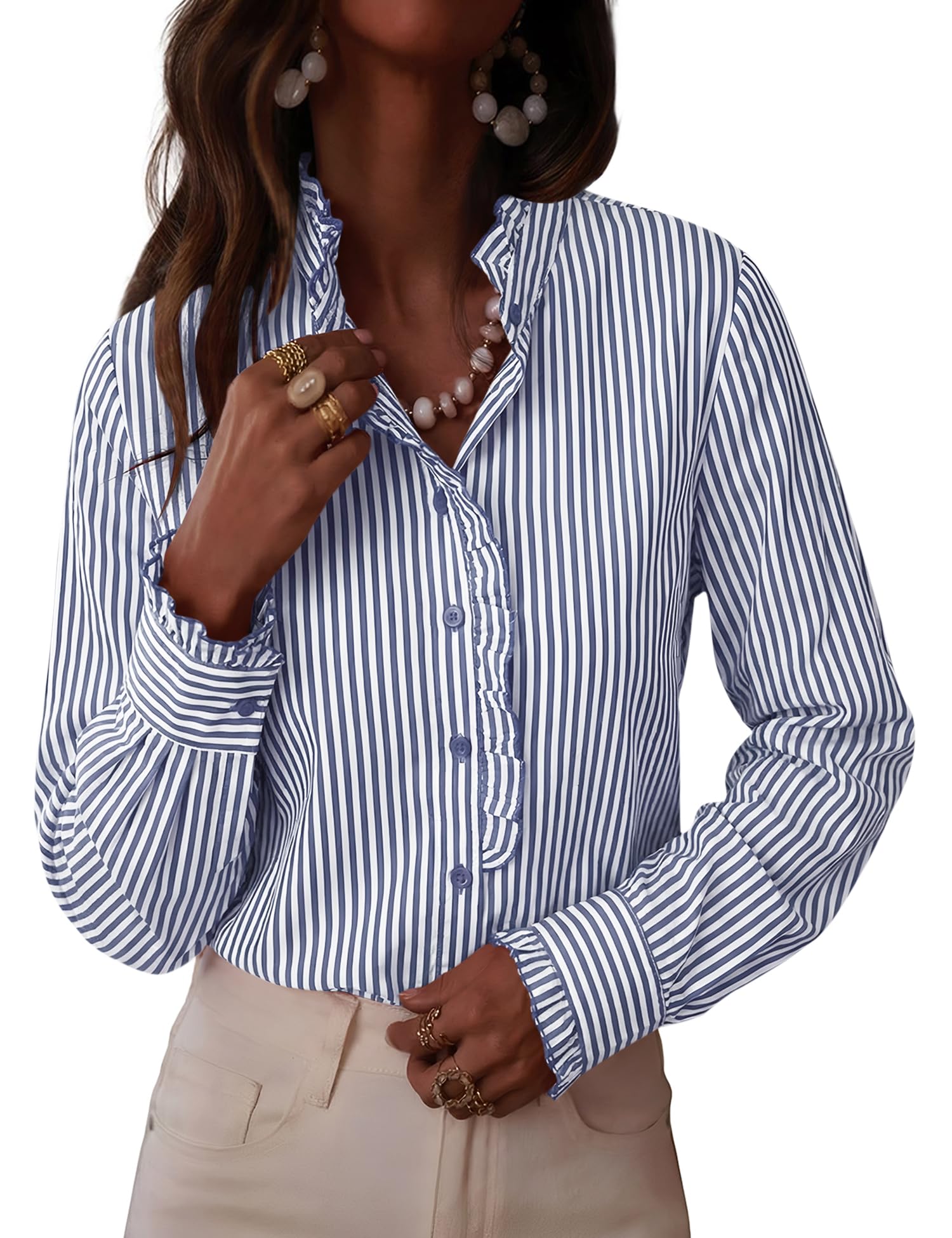 LOMON Button Down Shirts for Women Dressy Casual Long Sleeve Ruffle Blouses Office Tops Work Shirt