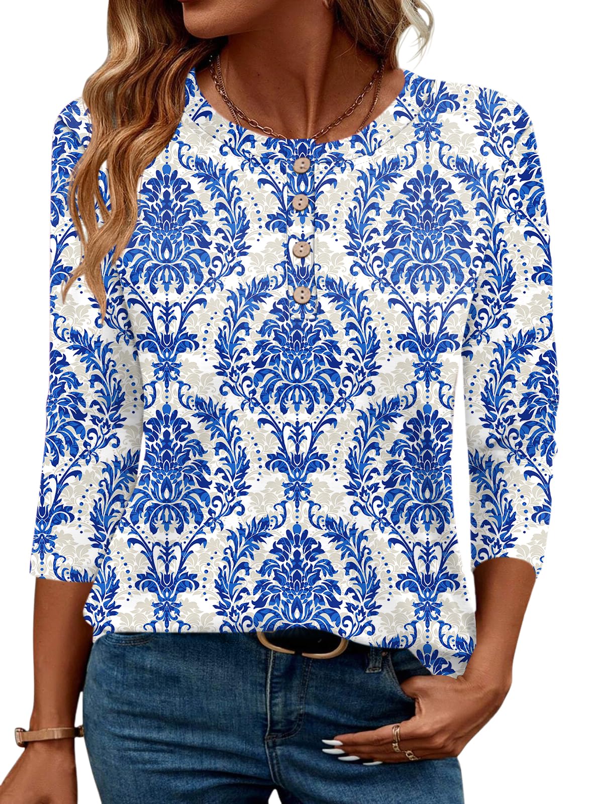 LOMON 3/4 Length Sleeve Womens Tops Dressy Casual Crewneck Pullover Tunics Summer Cute Blouses Fashion 2025 Tees Shirts