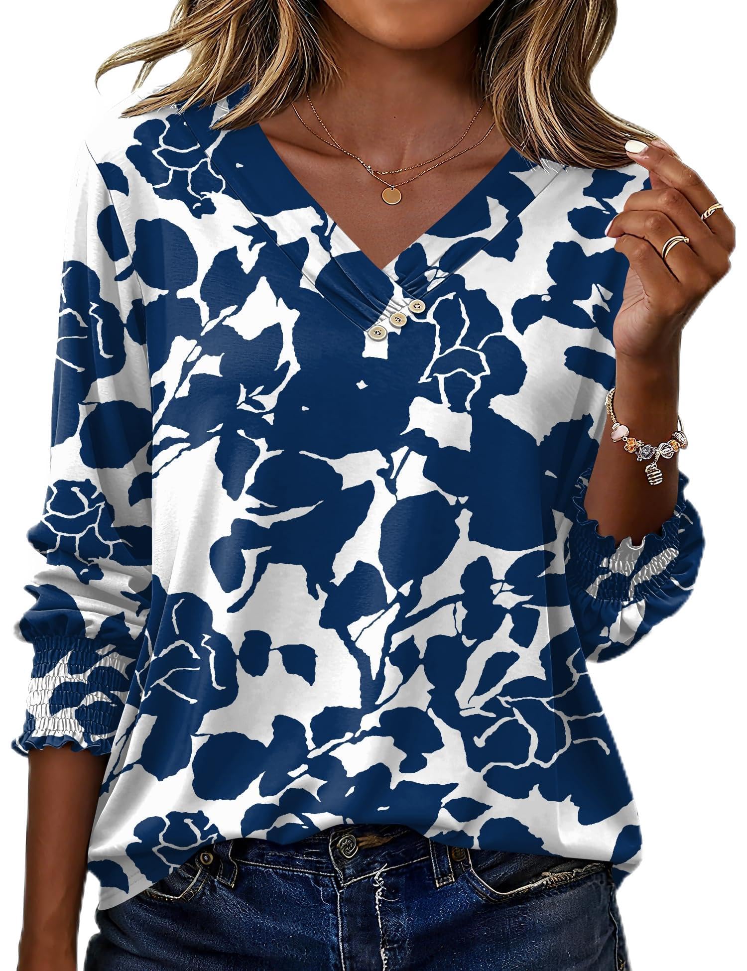 LOMON Blouses for Women Dressy Casual 3/4 Length Sleeve Womens Tops with Buttons Decor