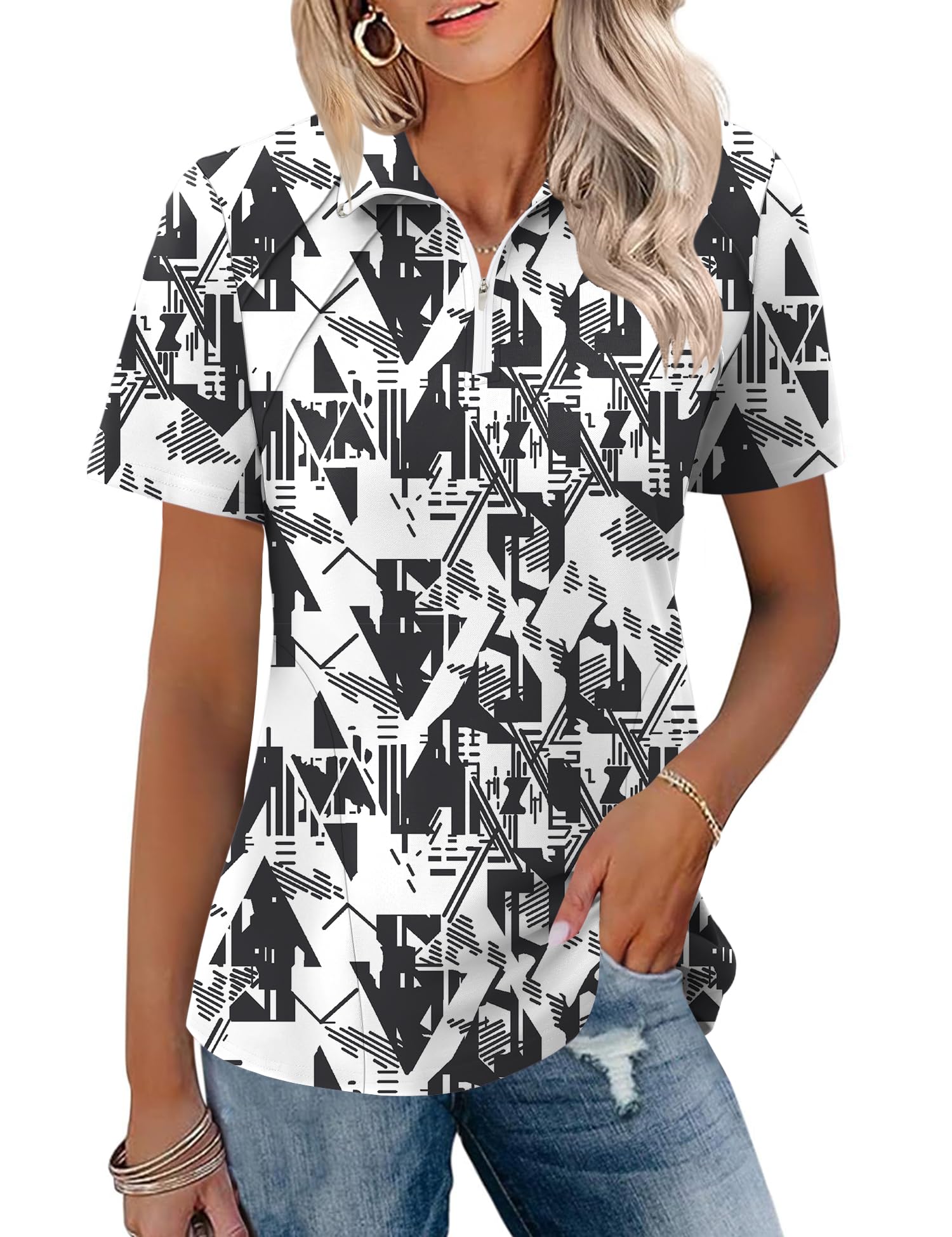 LOMON Womens Golf Polo Shirts Summer Short Sleeve 1/4 Zip Tops Moisture Wicking Casual Tennis Activewear with Pockets