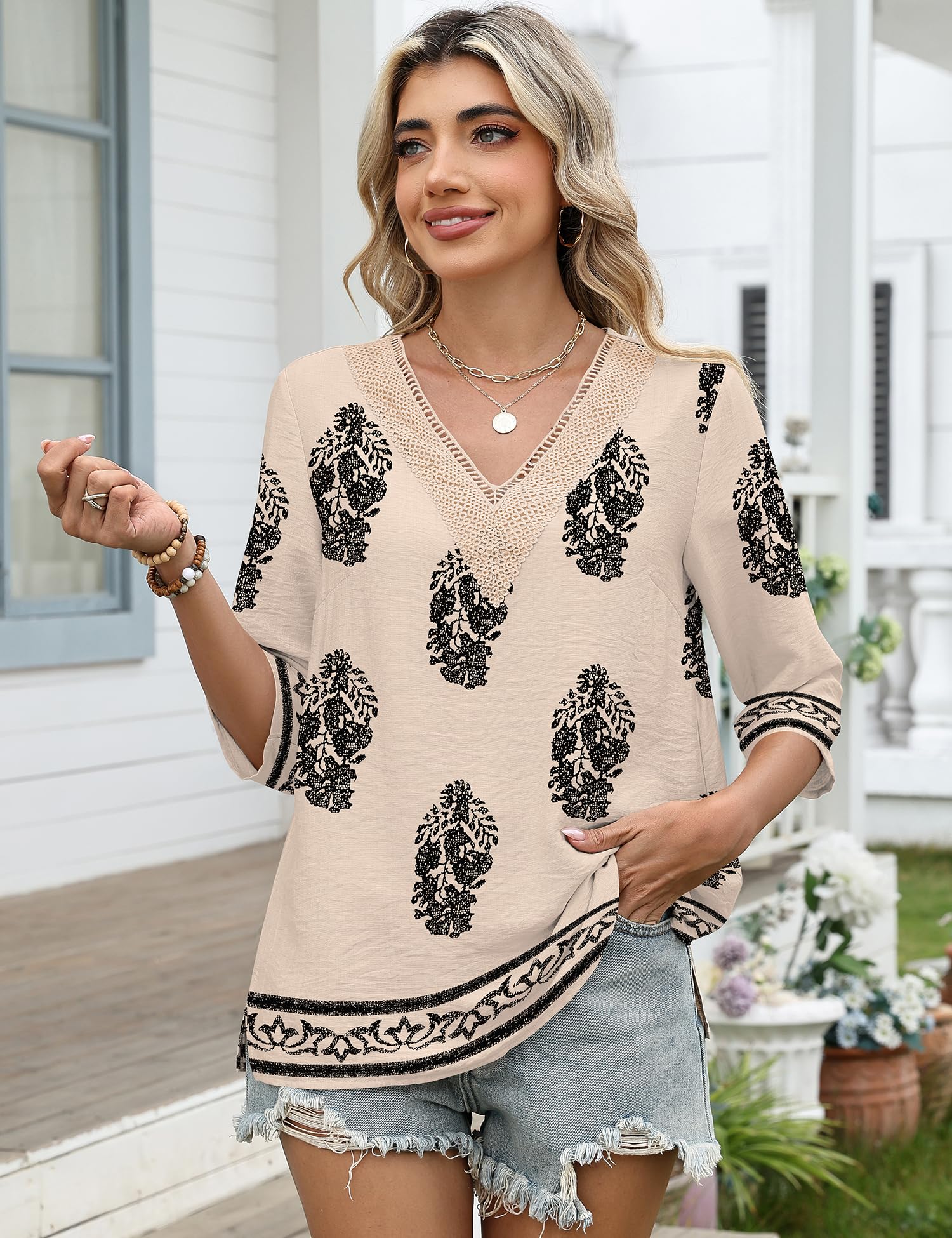 LOMON Women's 3/4 Length Sleeve Boho Tops V Neck Lace Summer Outfits Dressy Casual Flowy Shirts Vacation Clothes Blouses