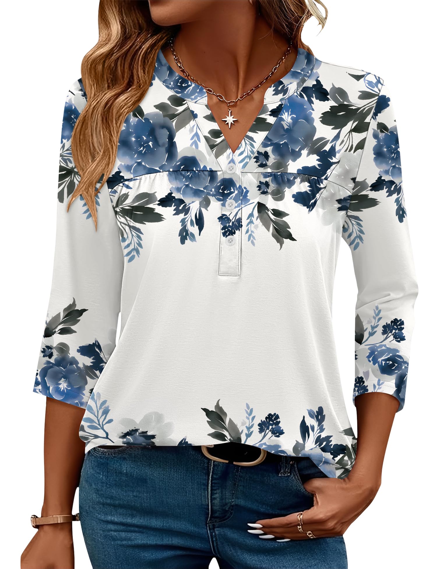 LOMON Womens Tops 3/4 Sleeve Botton Down Shirts Casual V Neck Tunic Blouses Pleated Fashion Summer Tees 2026 Trendy S-3XL