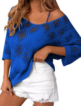 LOMON Womens 3/4 Sleeve Crochet Tops Off Shoulder Hollow Out Sweater V Neck Casual Loose Fit Beach Cover Up