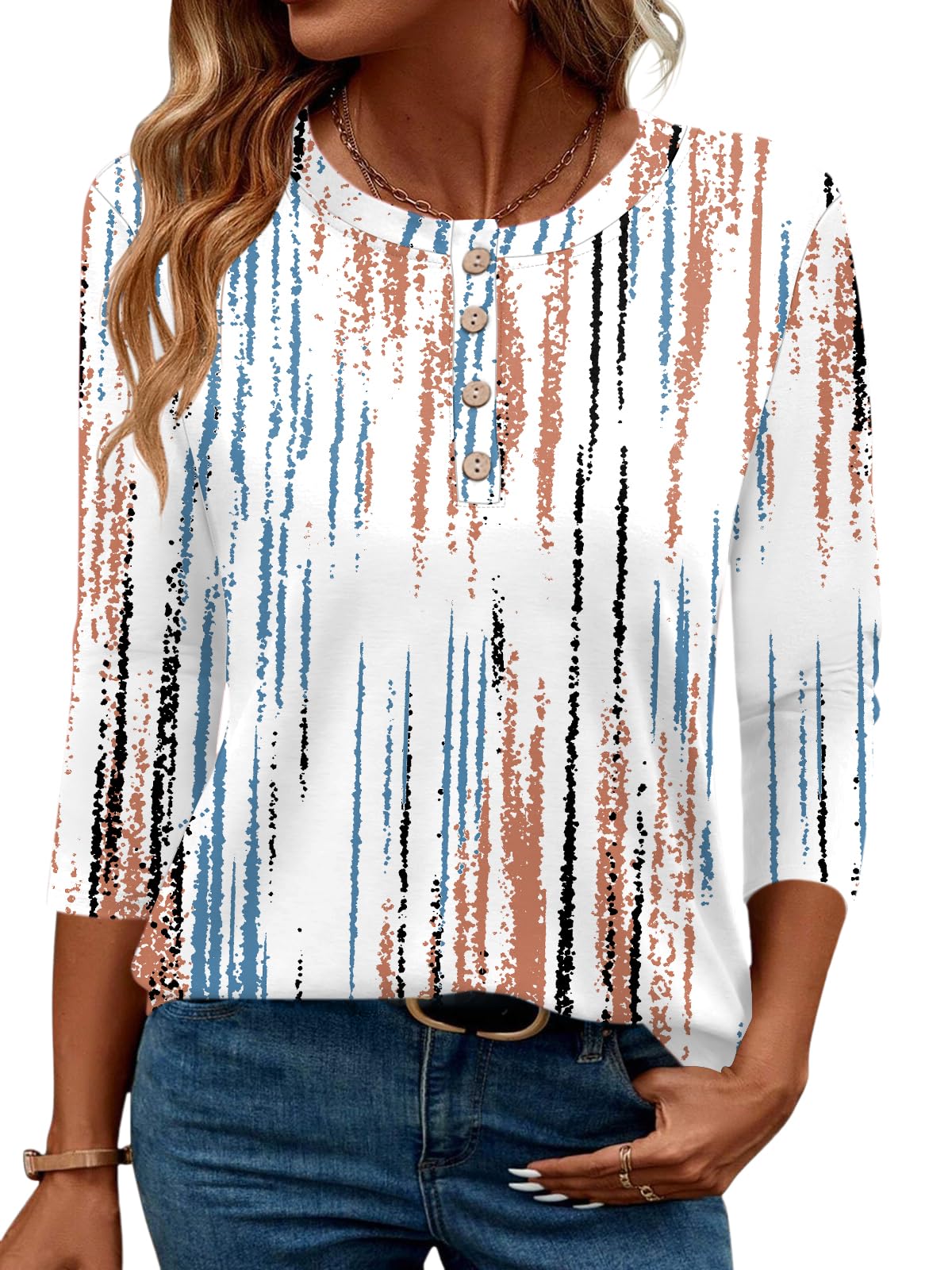 LOMON 3/4 Length Sleeve Womens Tops Dressy Casual Crewneck Pullover Tunics Summer Cute Blouses Fashion 2025 Tees Shirts
