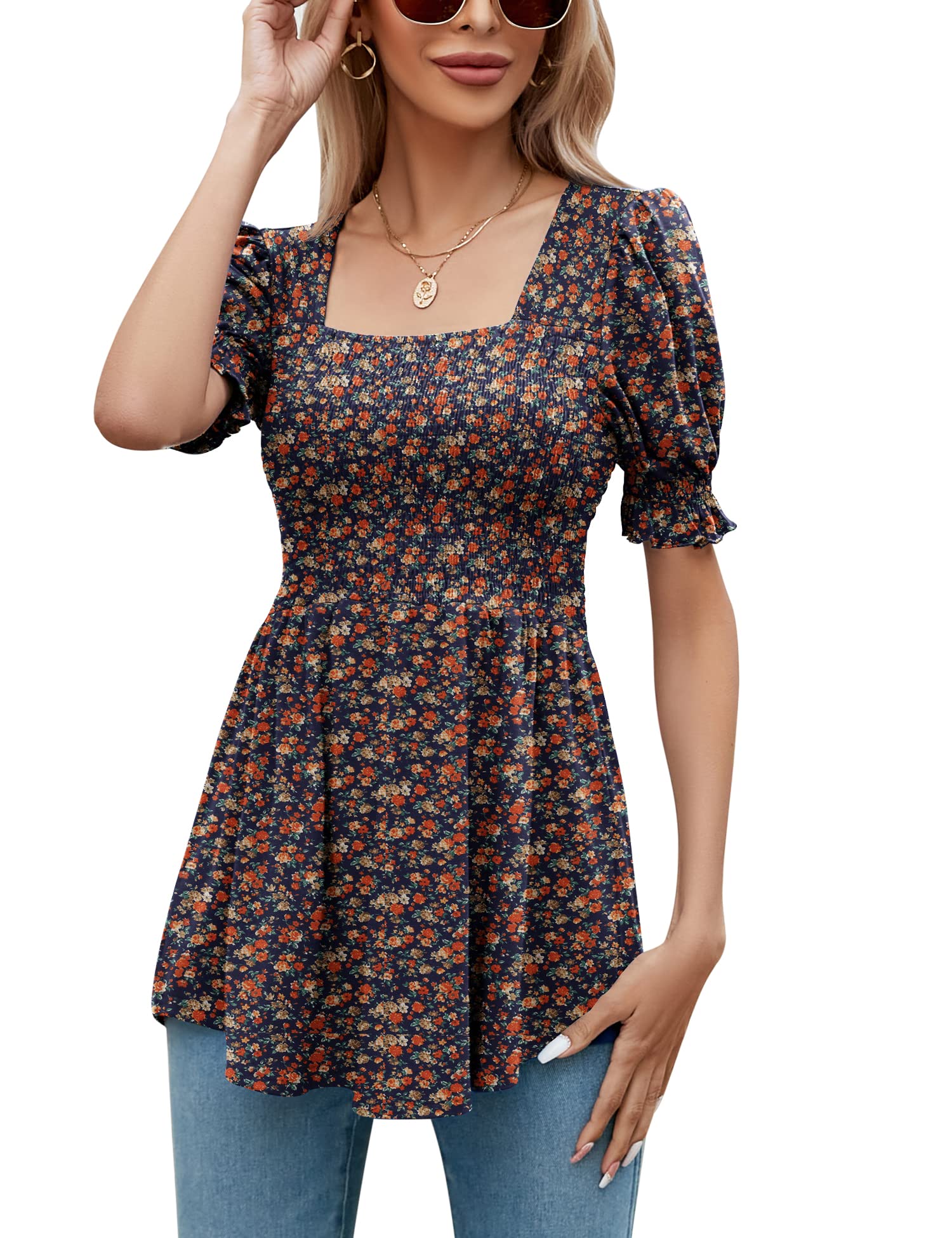 LOMON Women's Tunics Square Neck Puff Short Sleeve Smocked Top Ladies Peplum Blouse Tee Shirts 2025 Spring Summer S-XL