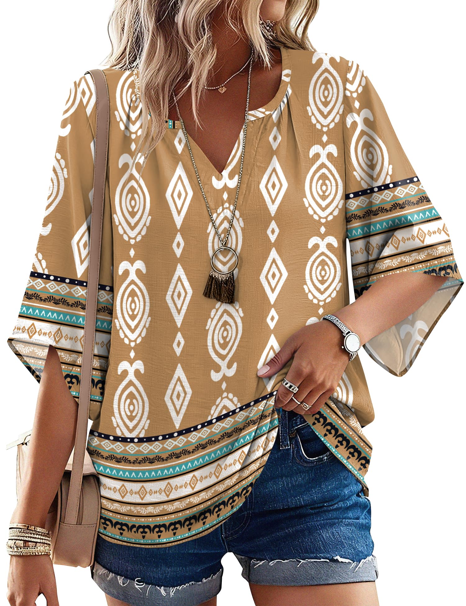LOMON Women's 3/4 Length Sleeve Boho Tops V Neck Casual Vacation Clothes Loose Fit Tunic Shirts S-3XL