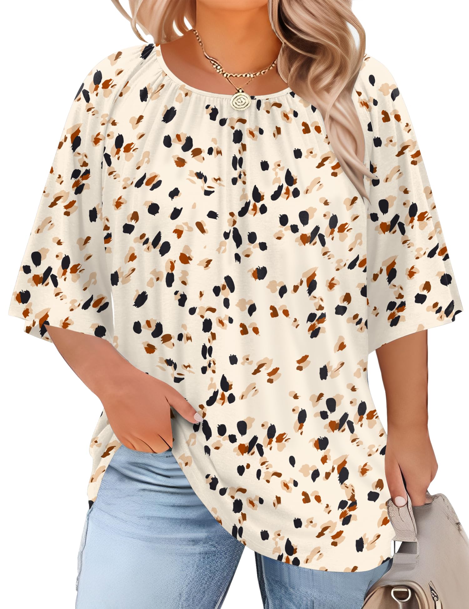 LOMON Womens Plus Size Tops Summer 3/4 Length Sleeve Crewneck Blouses Dressy Casual Loose Curvy Flowy Tunic Shirts 1X-5X