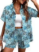 LOMON Women's 2 Piece Hawaiian Vacation Outfits Tropical Print Short Sleeve Shirts and Shorts Beach Sets Resort Wear