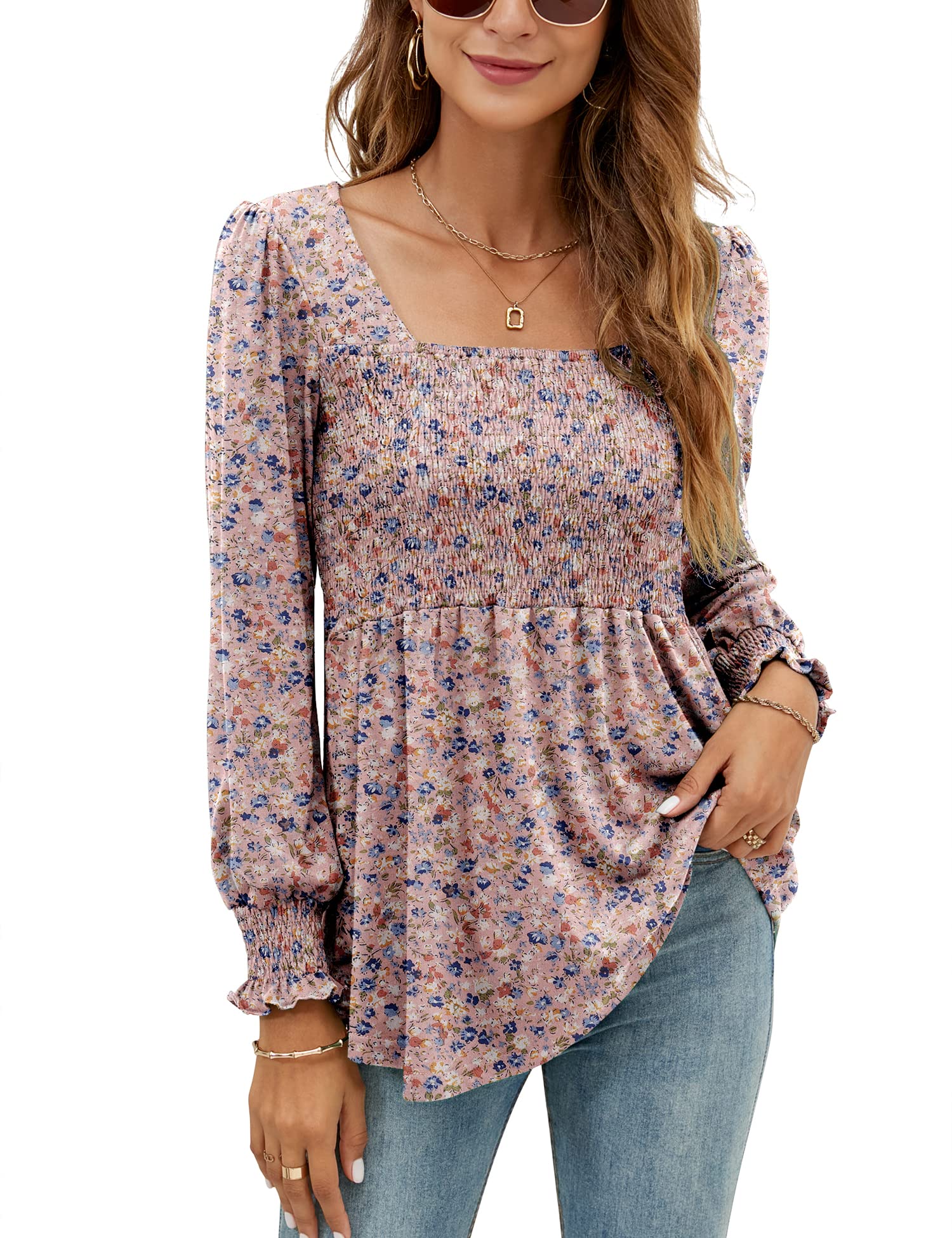 LOMON Blouses for Women Puff Long Sleeve Shirts Square Neck Casual Smocked Tunic Tops 2024 Spring Fall Winter Clothes S-XL