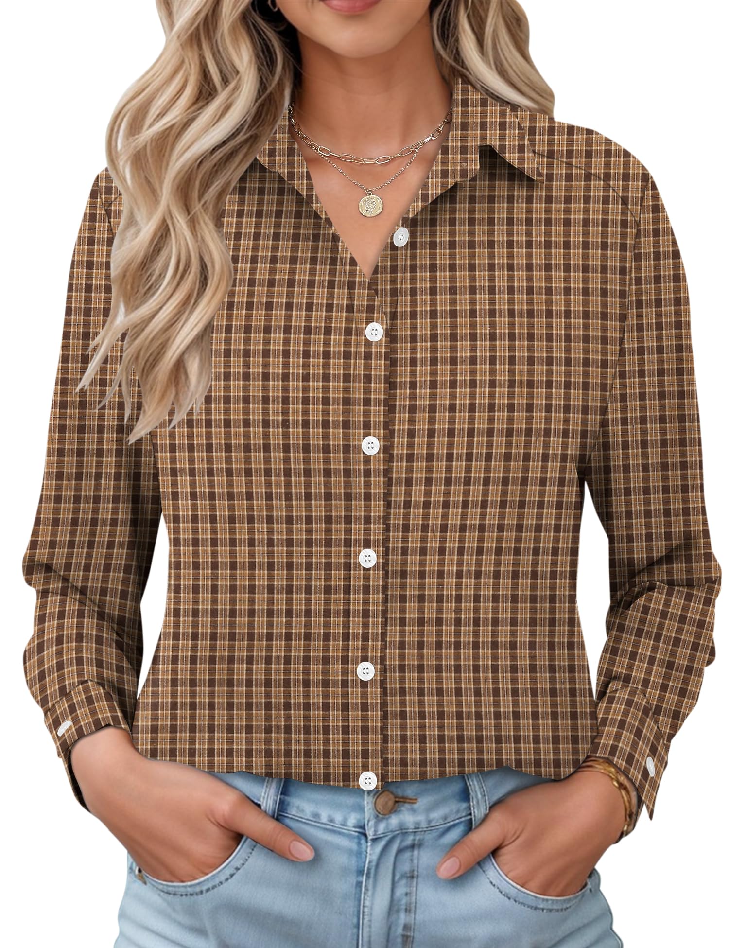 LOMON Womens Long Sleeve Button Down Shirts Casual Loose Fit Cotton Collared Blouses