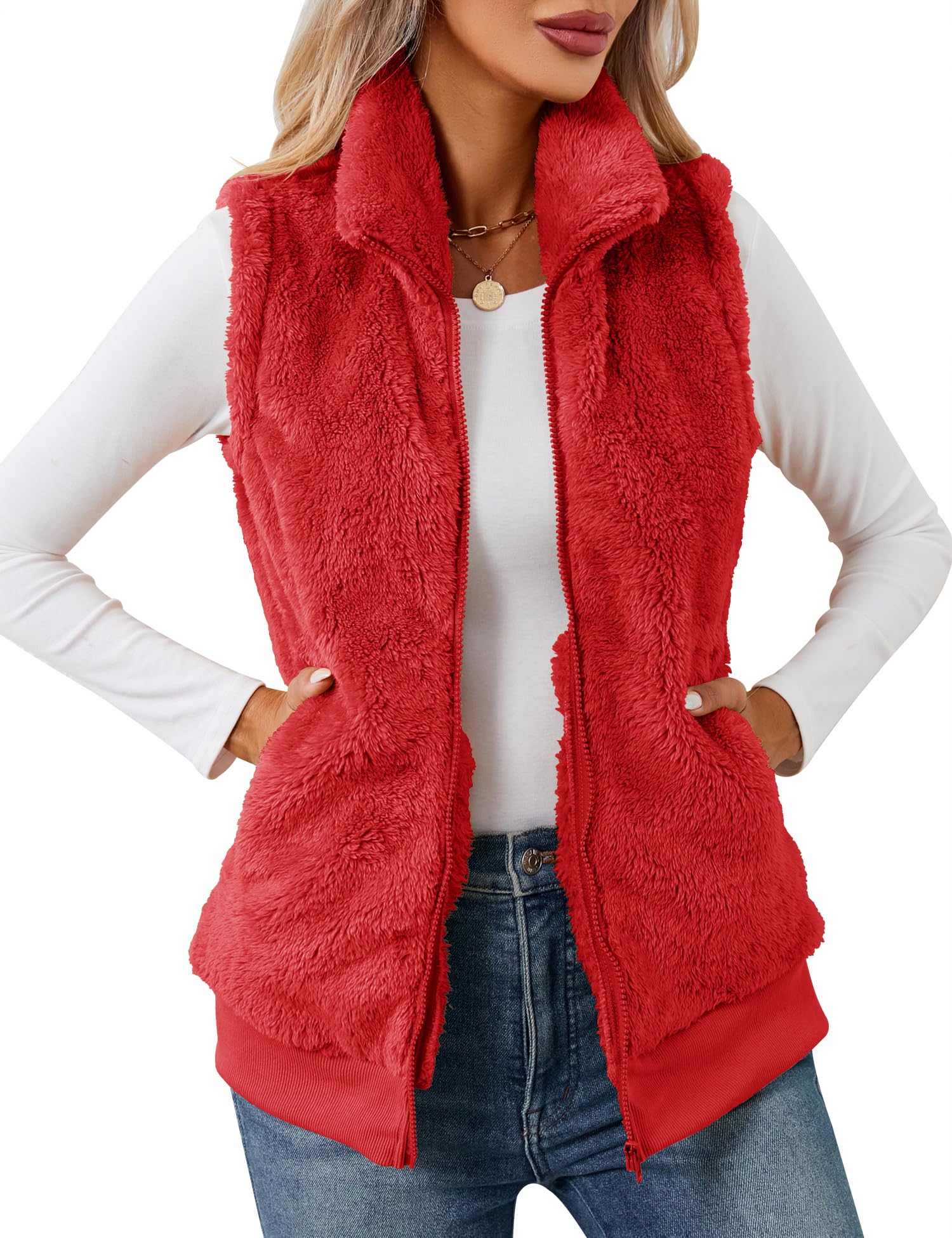 LOMON Womens Fuzzy Fleece Vest, Casual Warm Sleeveless Zip Up Sherpa Vest Jacket with Pockets for Fall/Winter