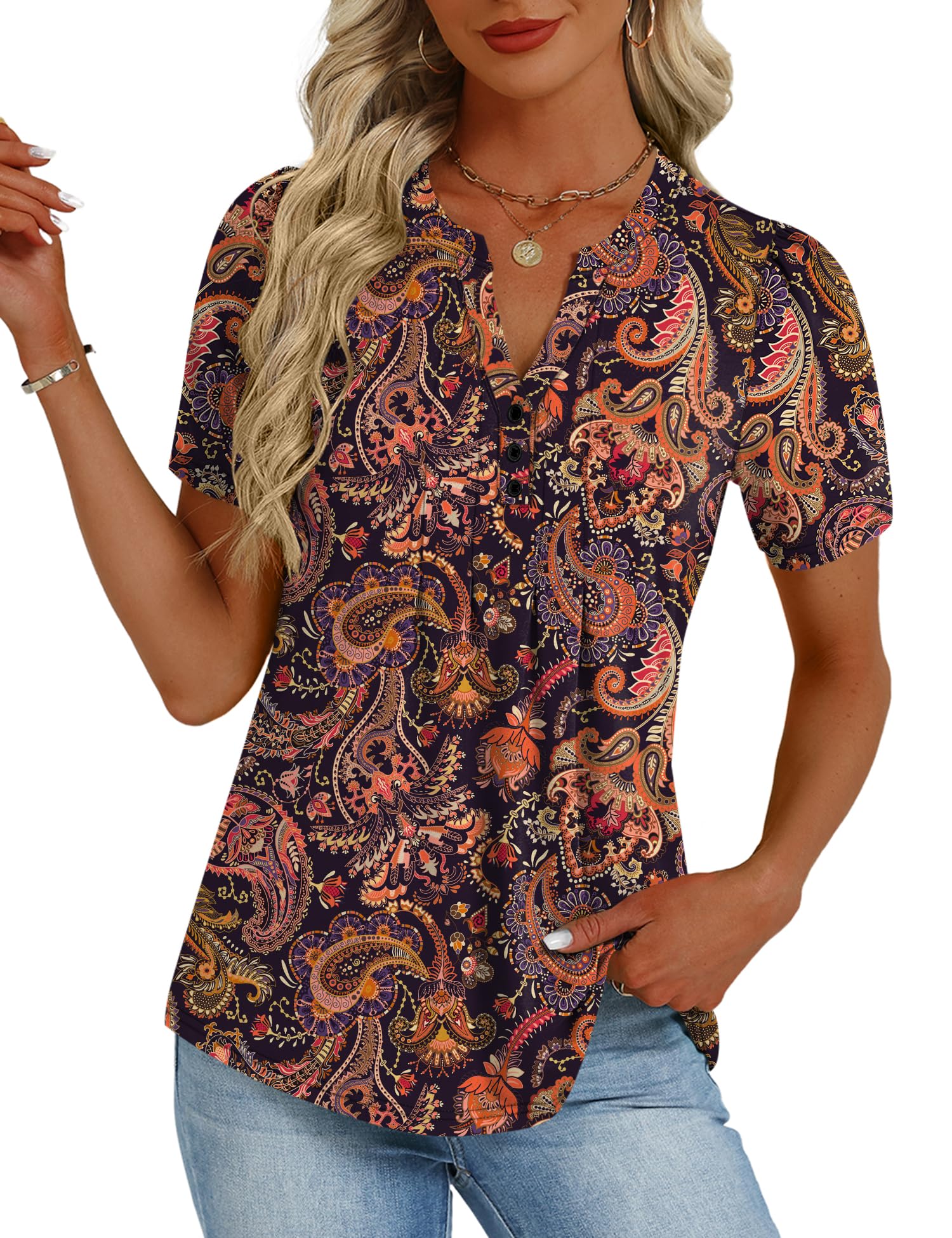 LOMON Womens Tops Dressy Casual V Neck Short Sleeve Shirts Summer Pleated Blouses Button Down Tunic Loose Fit