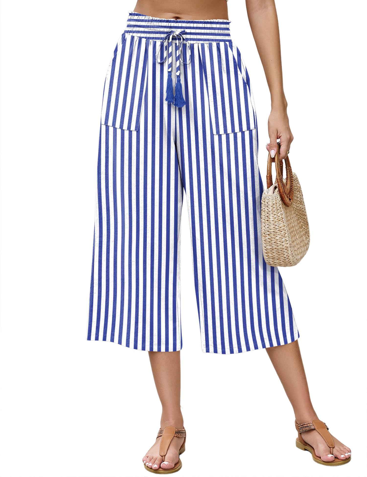 LOMON Women's Linen Capri Pants Wide Leg with Drawstring Elastic Waist Casual Cropped Pant
