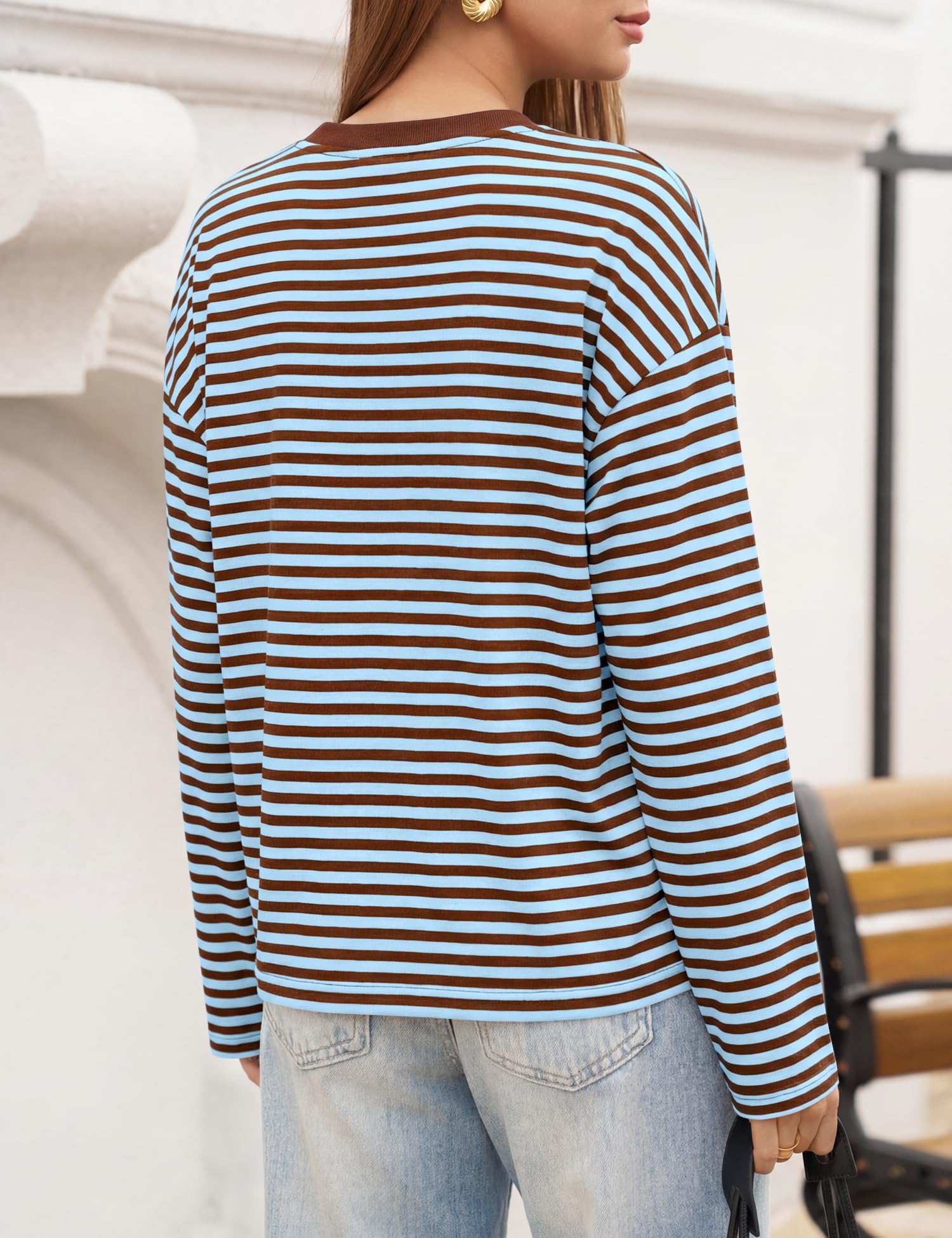 LOMON Striped Long Sleeve Shirt Women Y2k Oversized Crewneck Fall Spring Drop Shoulder Vintage Tops Teen Girl Clothes