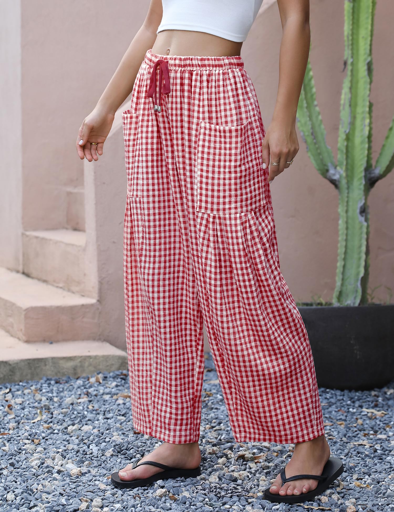LOMON Womens Wide Leg Linen Pants Casual Drawstring Palazzo Harem Pants Summer Loose Beach Travel Vacation Pants with Pockets