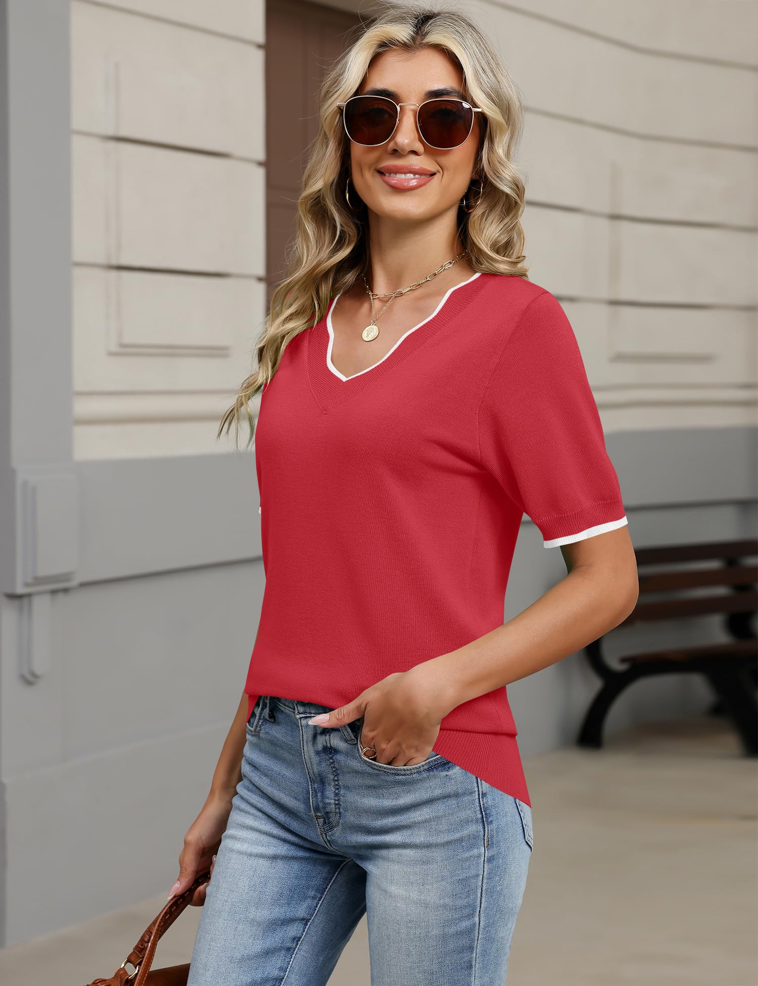 LOMON Womens 2026 Spring V Neck Sweater Casual Tops Short Sleeve Lightweight Ribbed Knit Pullover Sweaters
