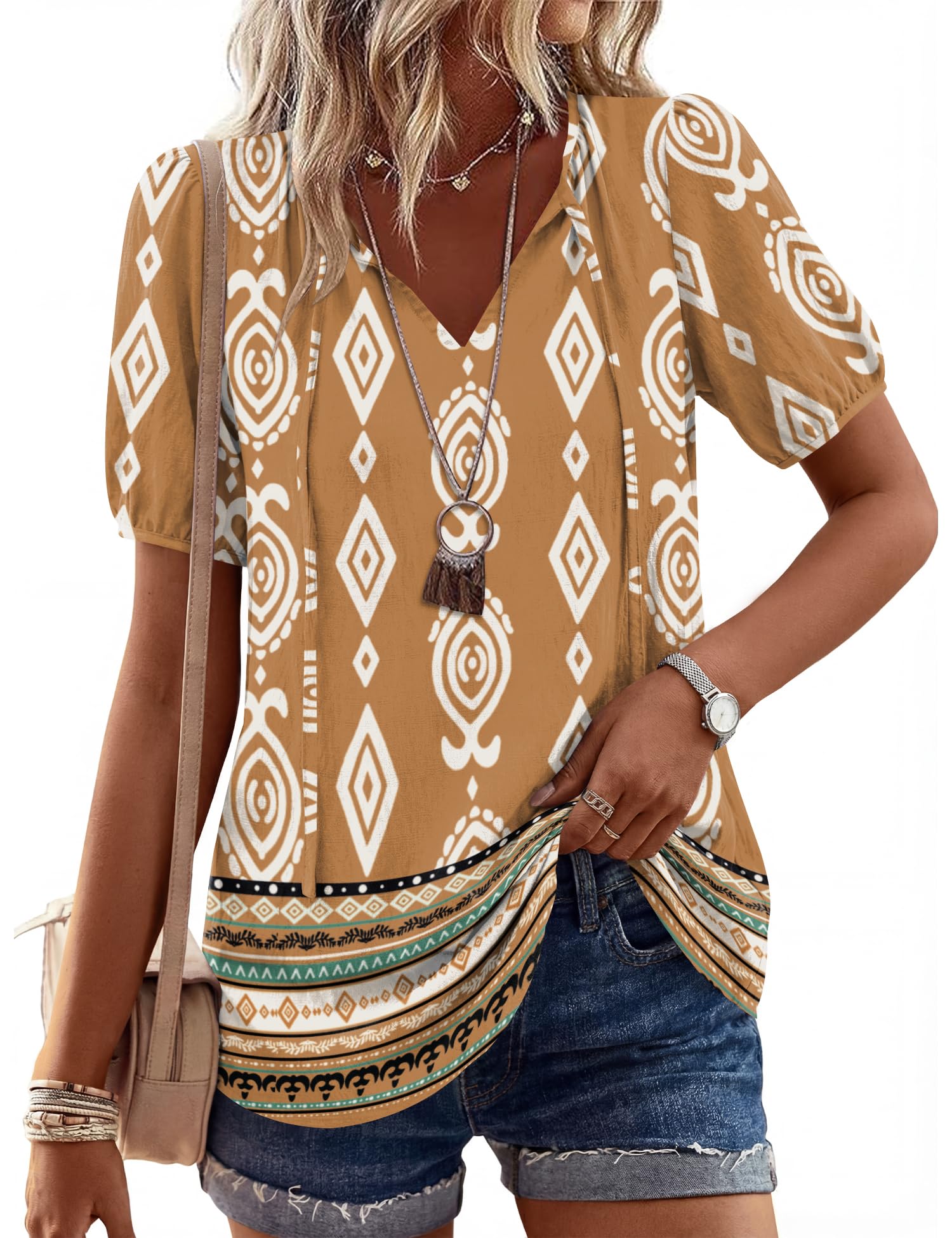 LOMON Boho Tops for Women Summer V-Neck Tie Front Peasant Blouses Casual Puff Sleeve Loose-Fit Flowy Shirts Beach Vacation