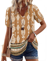 LOMON Boho Tops for Women Summer V-Neck Tie Front Peasant Blouses Casual Puff Sleeve Loose-Fit Flowy Shirts Beach Vacation