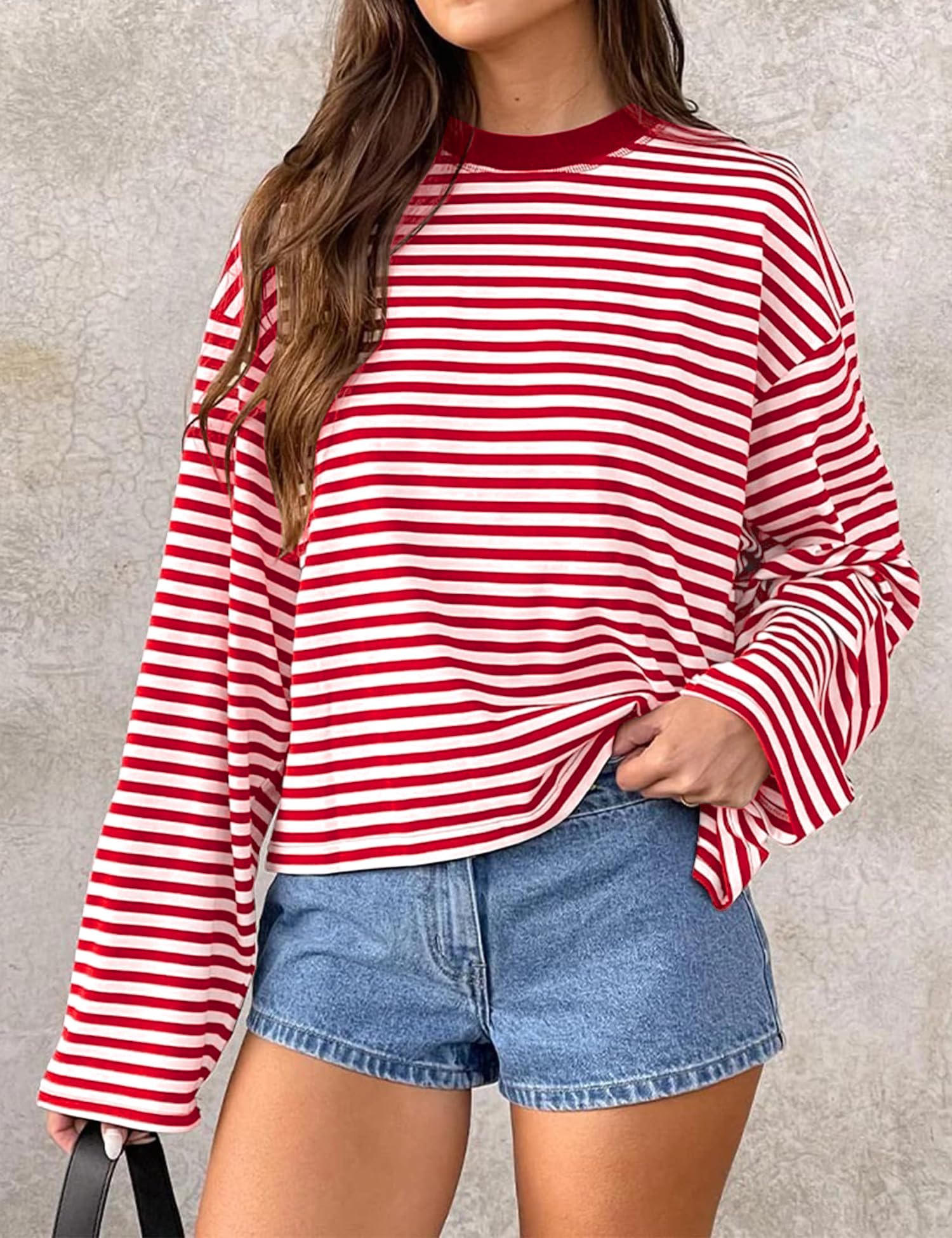 LOMON Striped Long Sleeve Shirt Women Y2k Oversized Crewneck Fall Spring Drop Shoulder Vintage Tops Teen Girl Clothes