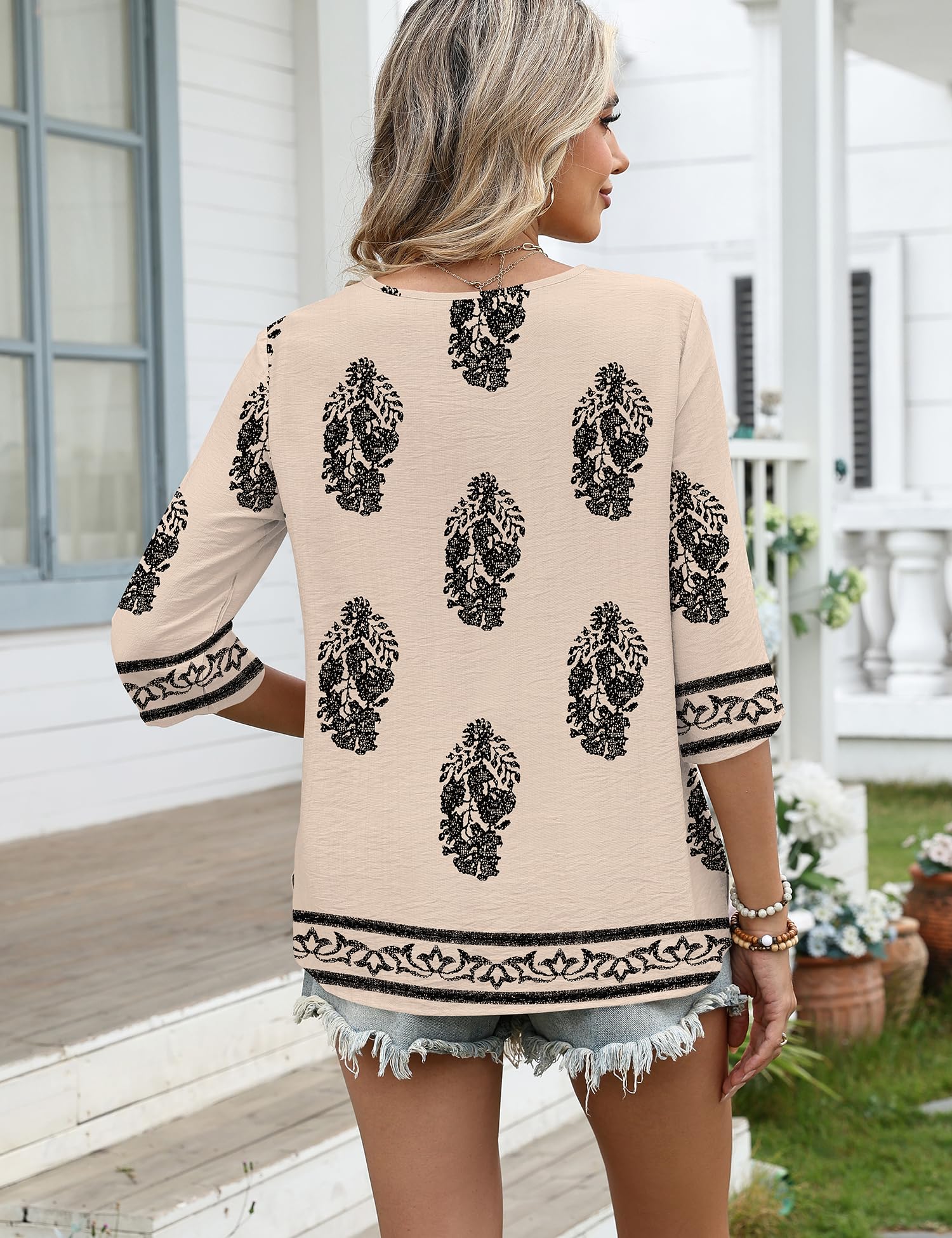 LOMON Women's 3/4 Length Sleeve Boho Tops V Neck Lace Summer Outfits Dressy Casual Flowy Shirts Vacation Clothes Blouses