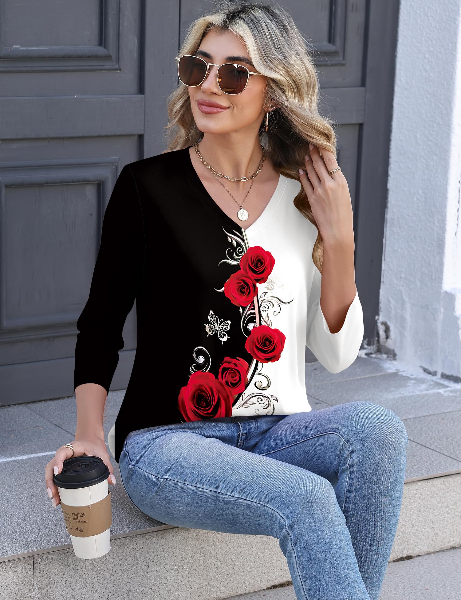 Lomon Women's V Neck T Shirts 3/4 Sleeve Blouse Summer Tops Dressy Casual Basic Tees