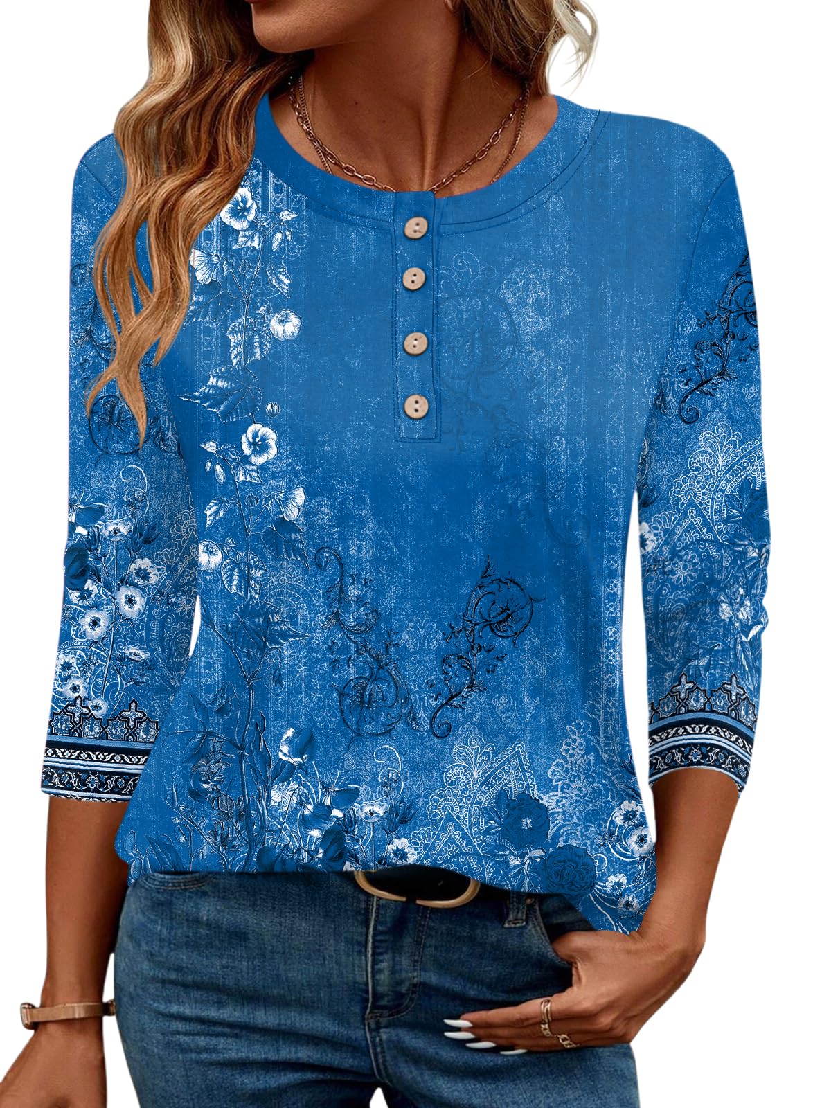LOMON 3/4 Length Sleeve Womens Tops Dressy Casual Crewneck Pullover Tunics Summer Cute Blouses Fashion 2025 Tees Shirts