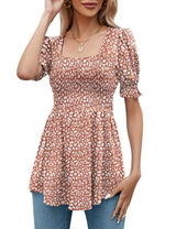 LOMON Women's Tunics Square Neck Puff Short Sleeve Smocked Top Ladies Peplum Blouse Tee Shirts 2025 Spring Summer S-XL