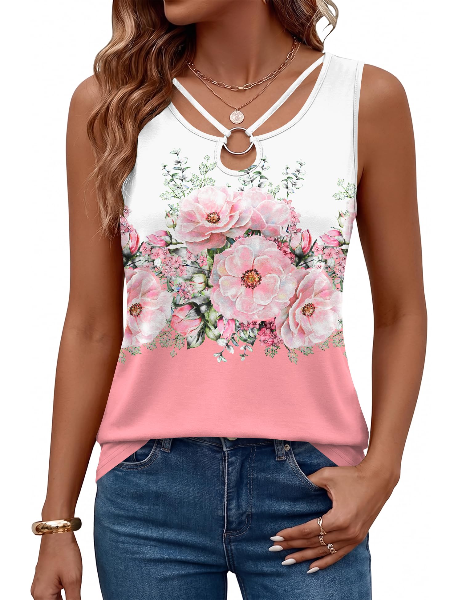 LOMON Womens Summer Tank Tops Sleeveless Shirts V Neck Casual Tee Cut Out Ring Keyhole Tanks Camisole Blouse