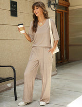 LOMON Women's 2 Piece Lounge Pajama Sets Soft 3/4 Sleeve Tops and Wide Leg Pants Loose Casual Outfits with Pockets