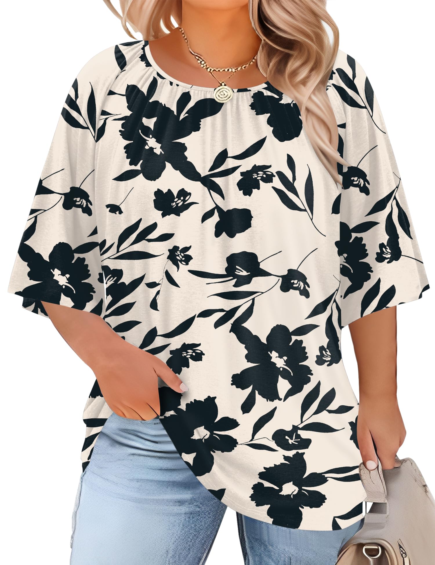 LOMON Womens Plus Size Tops Summer 3/4 Length Sleeve Crewneck Blouses Dressy Casual Loose Curvy Flowy Tunic Shirts 1X-5X