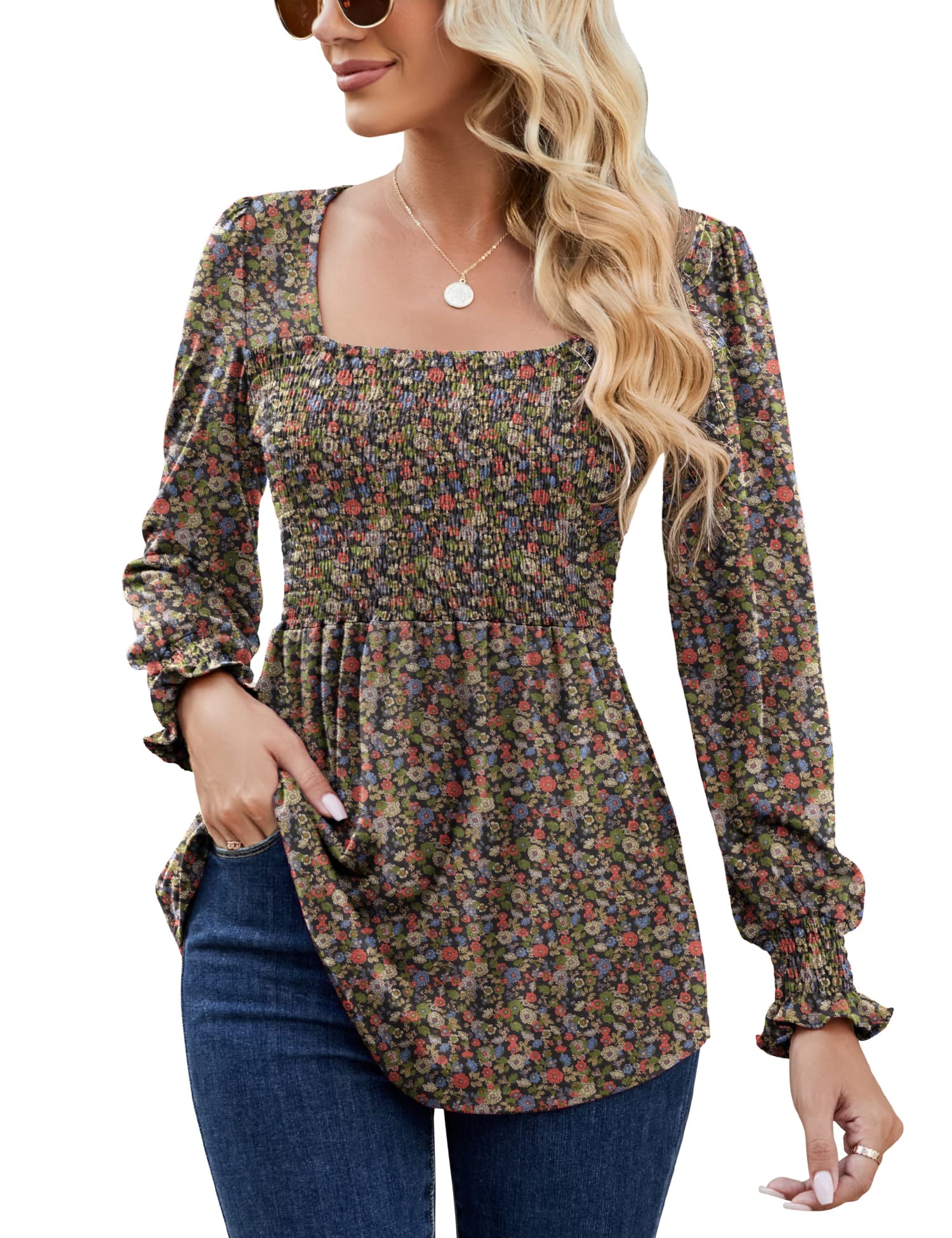 LOMON Blouses for Women Puff Long Sleeve Shirts Square Neck Casual Smocked Tunic Tops 2024 Spring Fall Winter Clothes S-XL