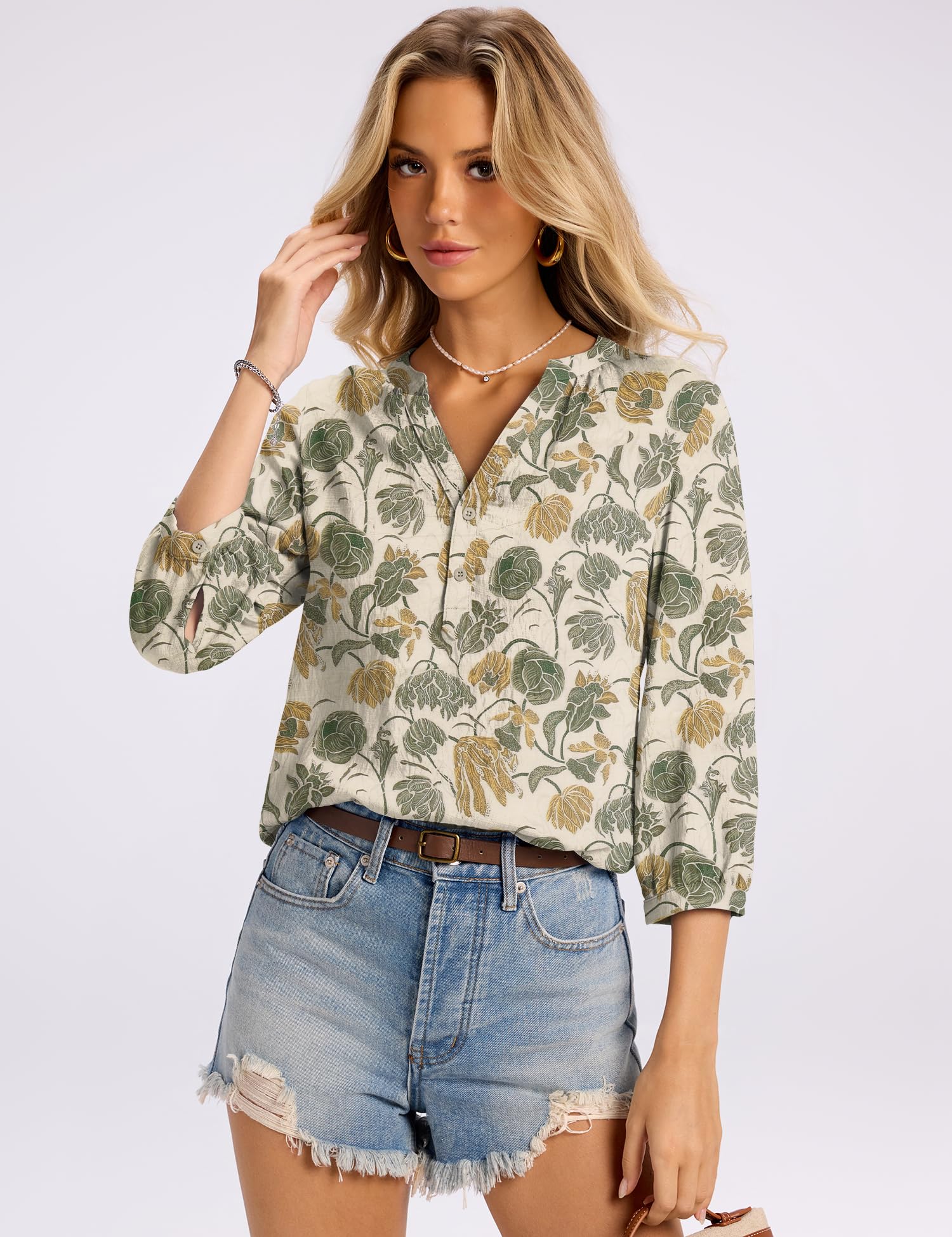 LOMON Womens Tops Dressy Summer 3/4 Length Sleeve Henley V Neck Button Down Shirts Pleated Blouses S-XXL