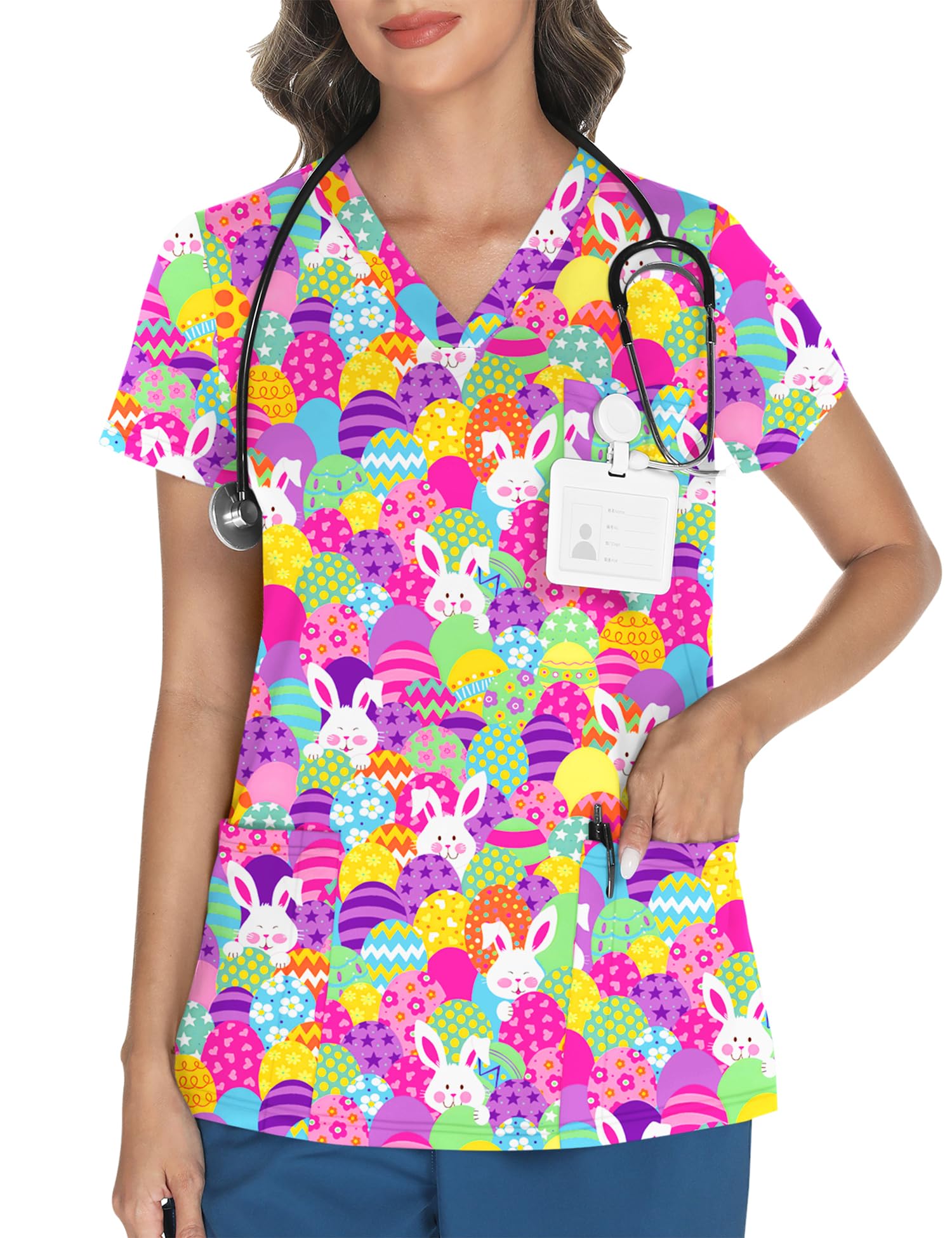 LOMON Women's V Neck Printed Scrub Top with 3 Pockets