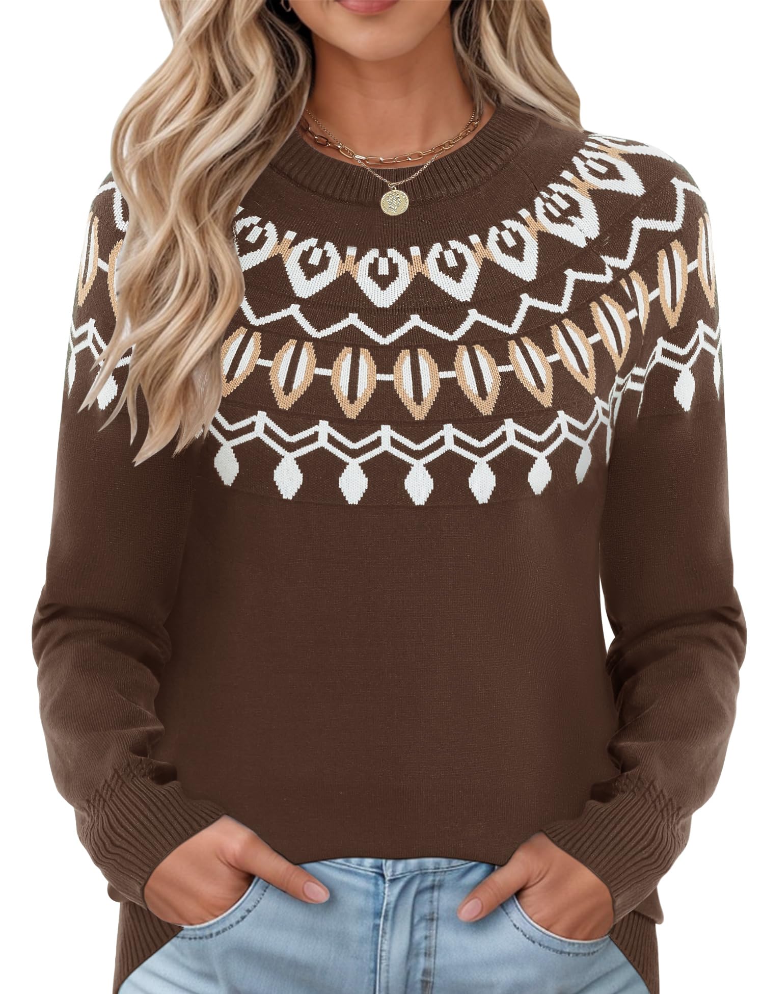 LOMON Womens Casual Lightweight Vintage Fair Isle Sweater Raglan Sleeve Crew Neck Knitted Pullover Comfy Warm Fall Tops