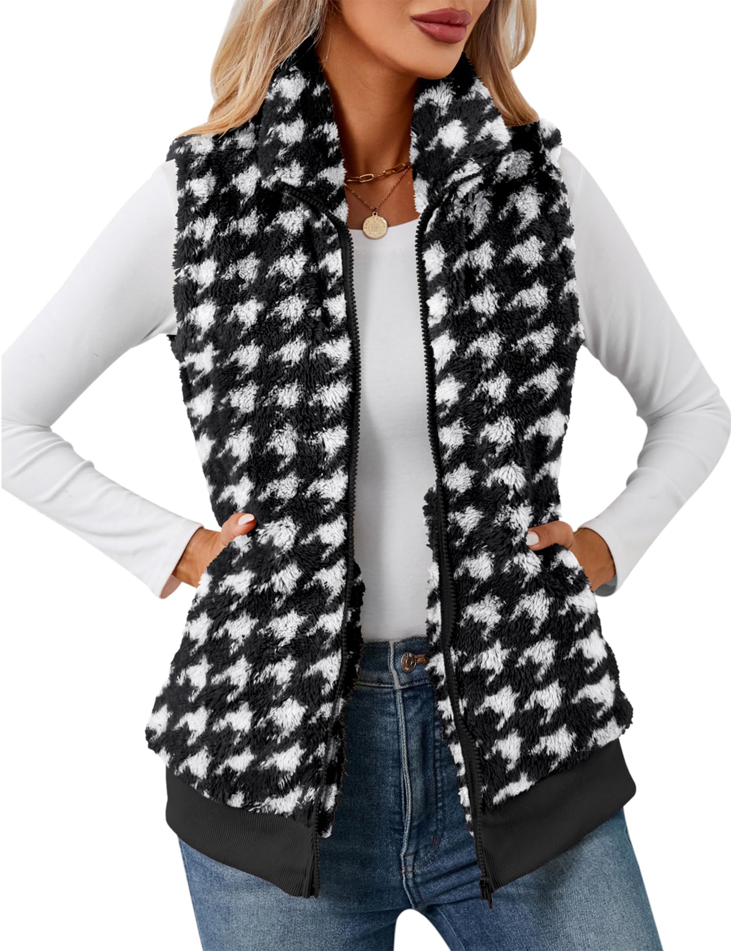 LOMON Womens Fuzzy Fleece Vest, Casual Warm Sleeveless Zip Up Sherpa Vest Jacket with Pockets for Fall/Winter