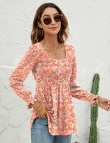 LOMON Blouses for Women Puff Long Sleeve Shirts Square Neck Casual Smocked Tunic Tops 2024 Spring Fall Winter Clothes S-XL