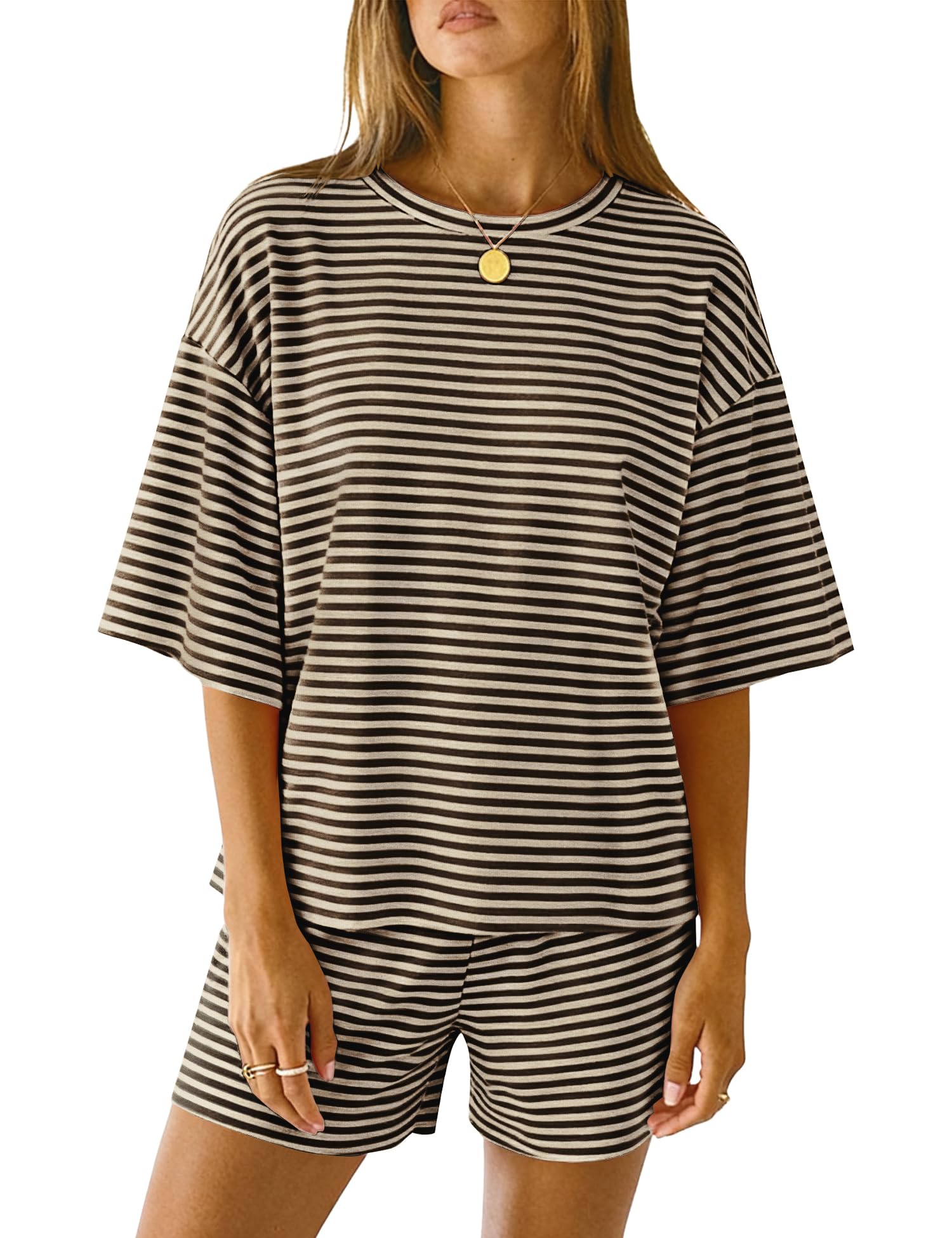LOMON Two Piece Sets for Women Summer 3/4 Sleeve Tops and Elastic Waist Shorts Pajamas Cute Comfy Soft Lounge Striped Pjs